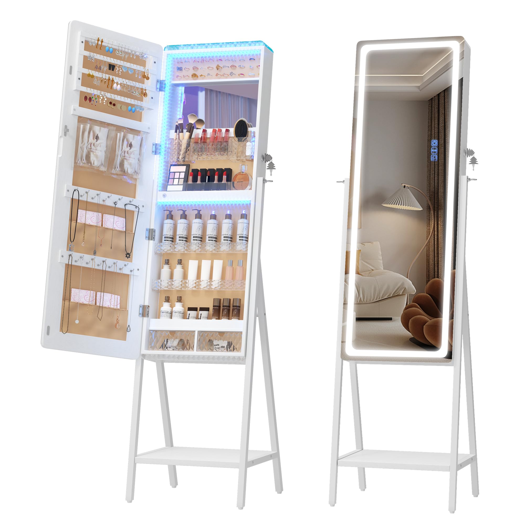 LVSOMT White Full-Length LED Jewelry Mirror Cabinet with 14 RGB Lights - Dimmable & Adjustable Speed Standing Jewelry Armoire Organizer - Perfect for Bedroom, Dressing Room and Vanity Makeup Area