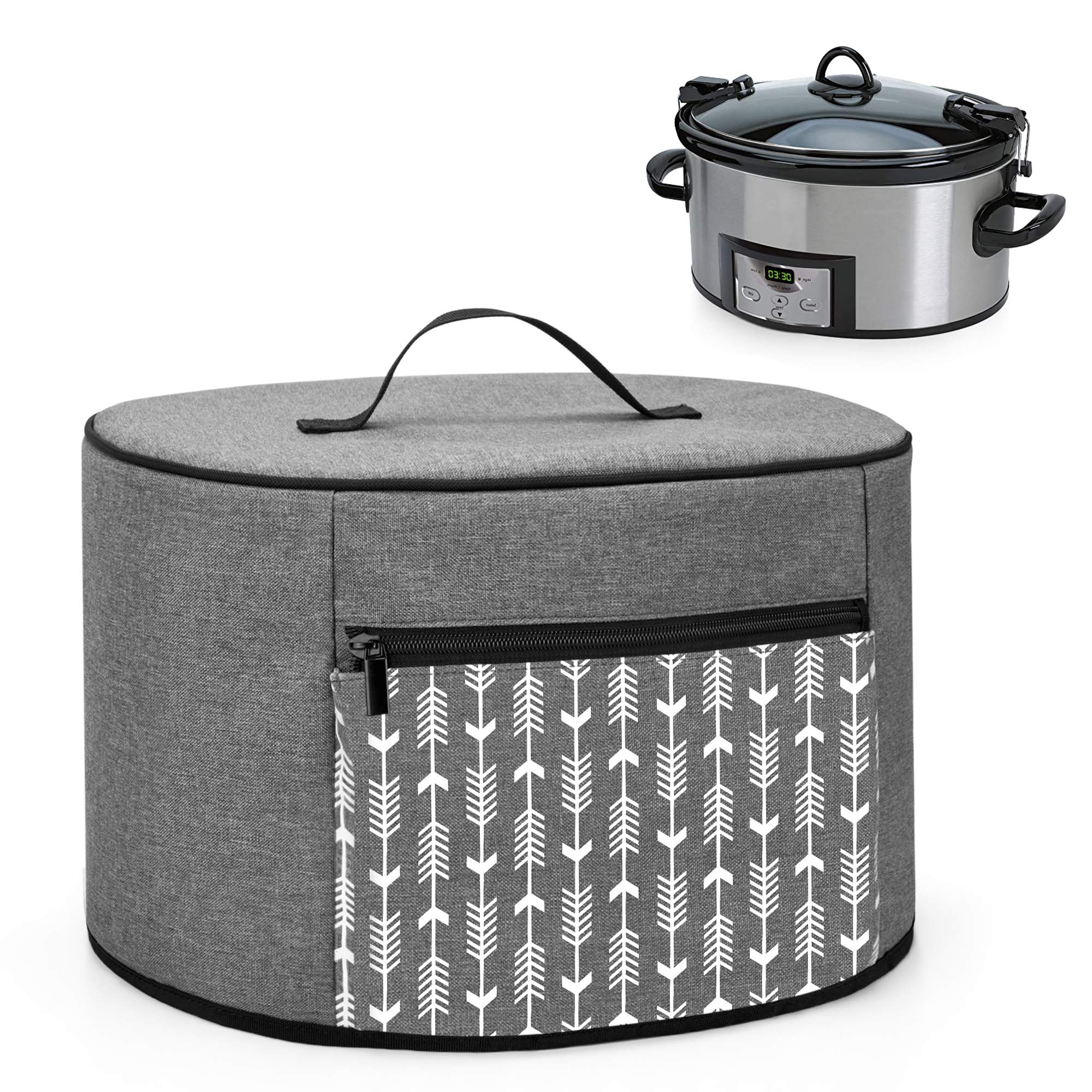 YARWO 6-8 Quart Slow Cooker Dust Cover - Compatible with Crock Pot & Hamilton Beach - Zippered Storage Pocket & Wipe-Clean Liner - Gray with Arrow Design - Perfect for Kitchen Storage & Appliance Protection