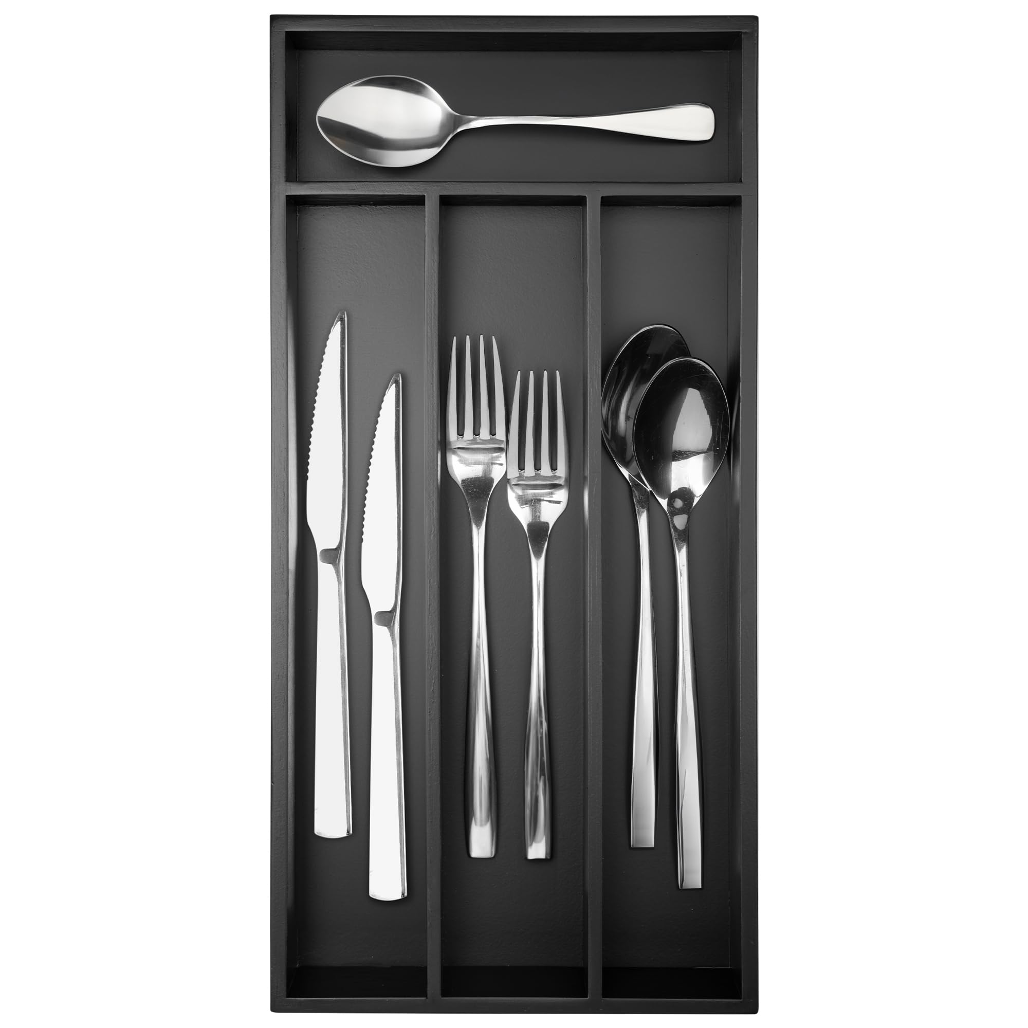 Premium Bamboo Silverware Organizer - 4 Slot Black Kitchen Drawer Tray for Utensils, Cutlery & Flatware | Space-Saving Drawer Storage Solution for Small Kitchens & Dining Areas