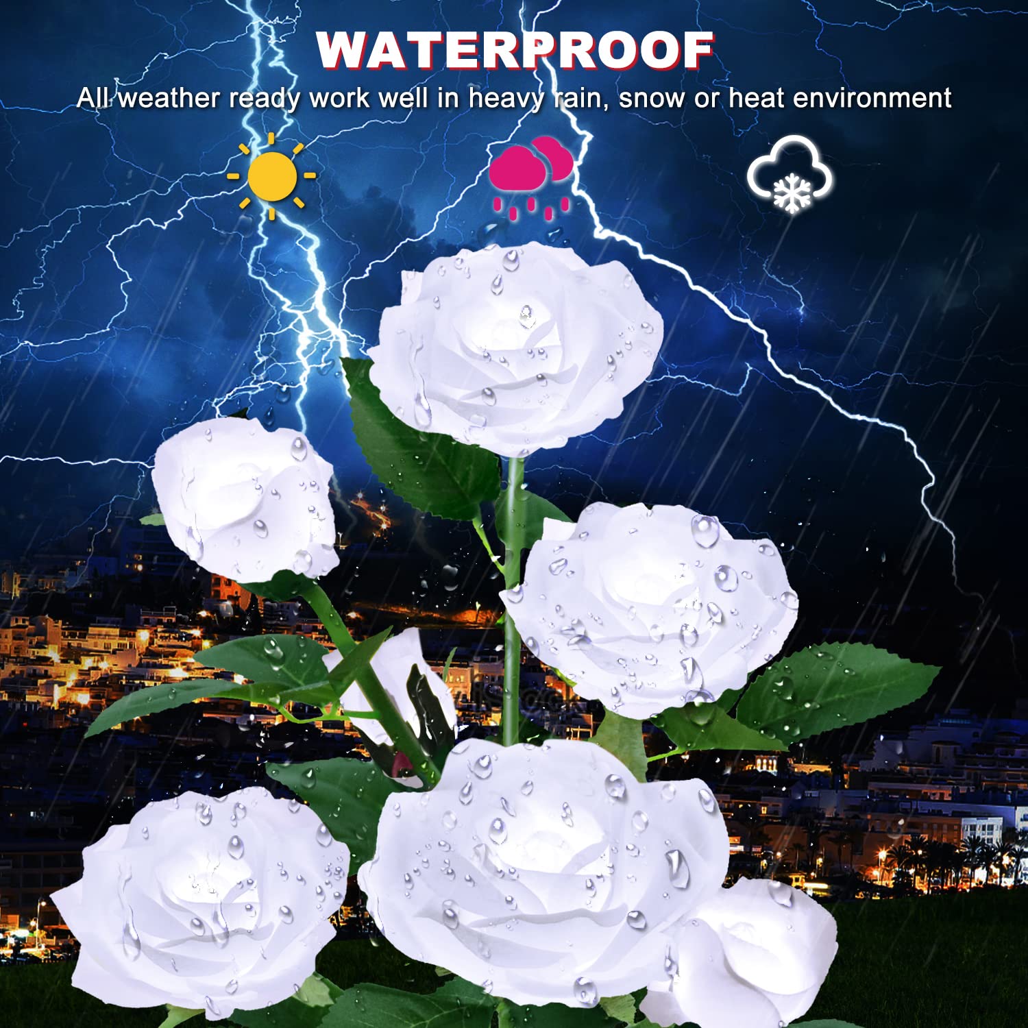 7 Rose Flower Solar Garden Lights - Waterproof Outdoor Stake Lights for Pathway, Patio, Yard & Landscape Decor - Enhanced Solar Panel, White - Perfect for Romantic Evenings & Garden Accent Lighting