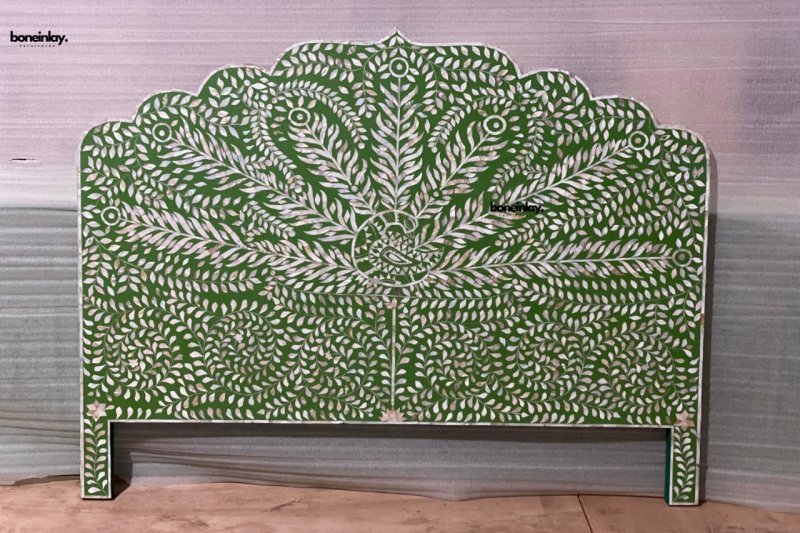 Exquisite Green Peacock Mother of Pearl Headboard - Handcrafted Luxury Bed Frame for Master Bedroom & Guest Room Decor