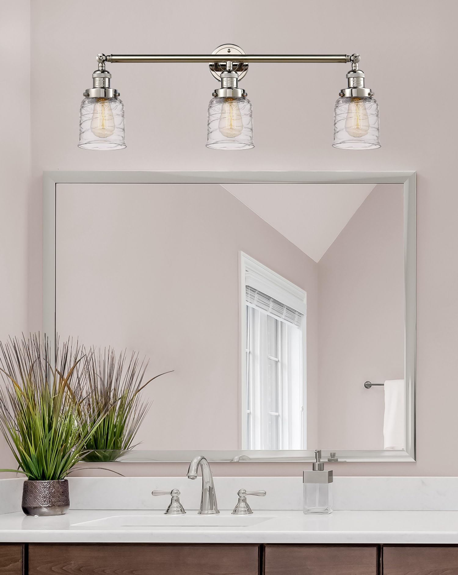 Bell 3-Light Bathroom Vanity Light Fixture in Polished Chrome - Modern Mirror Lighting for Bathroom, Dressing Room & Makeup Area (Model 205-PC-G513)