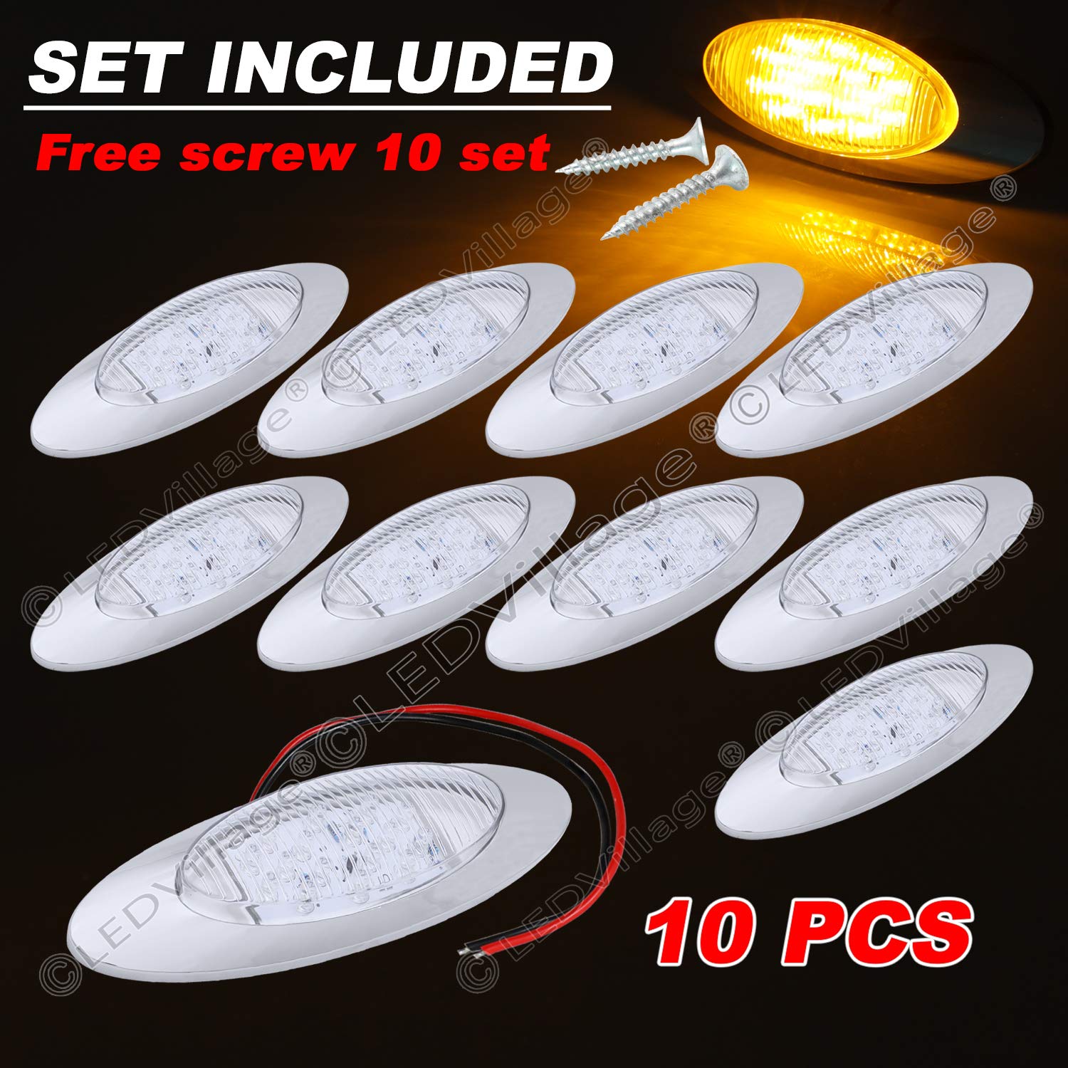 6.5 Inch Clear Lens Amber LED Side Marker Light with Chrome Bezel - 16 LED Clearance Lamp 12V DC for Trailer, Caravan, Pickup & Tow Truck - Durable & Bright Safety Lighting [Pack of 10] - Perfect for Night Driving, Road Visibility & Vehicle Compliance