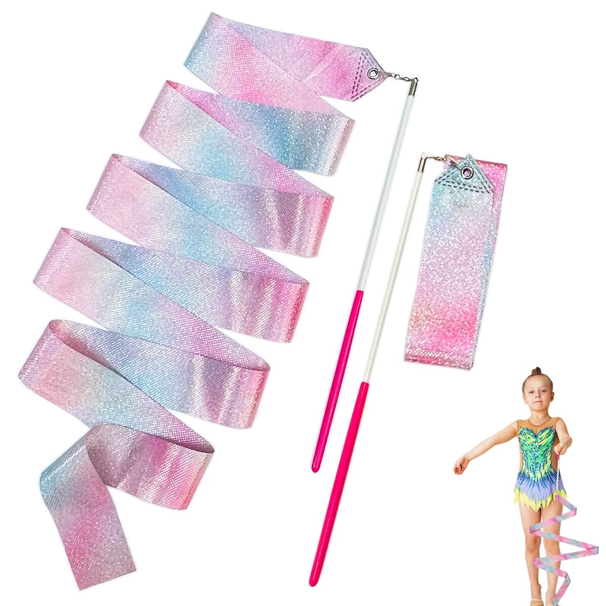HZMM 78.7 Inch Sparkling Dance Ribbon Streamer with Wand, Twirling Rhythmic Gymnastics Ribbon for Kids Girls Adults, Artistic Dancing Training, Talent Shows, Performances, and Stage Events