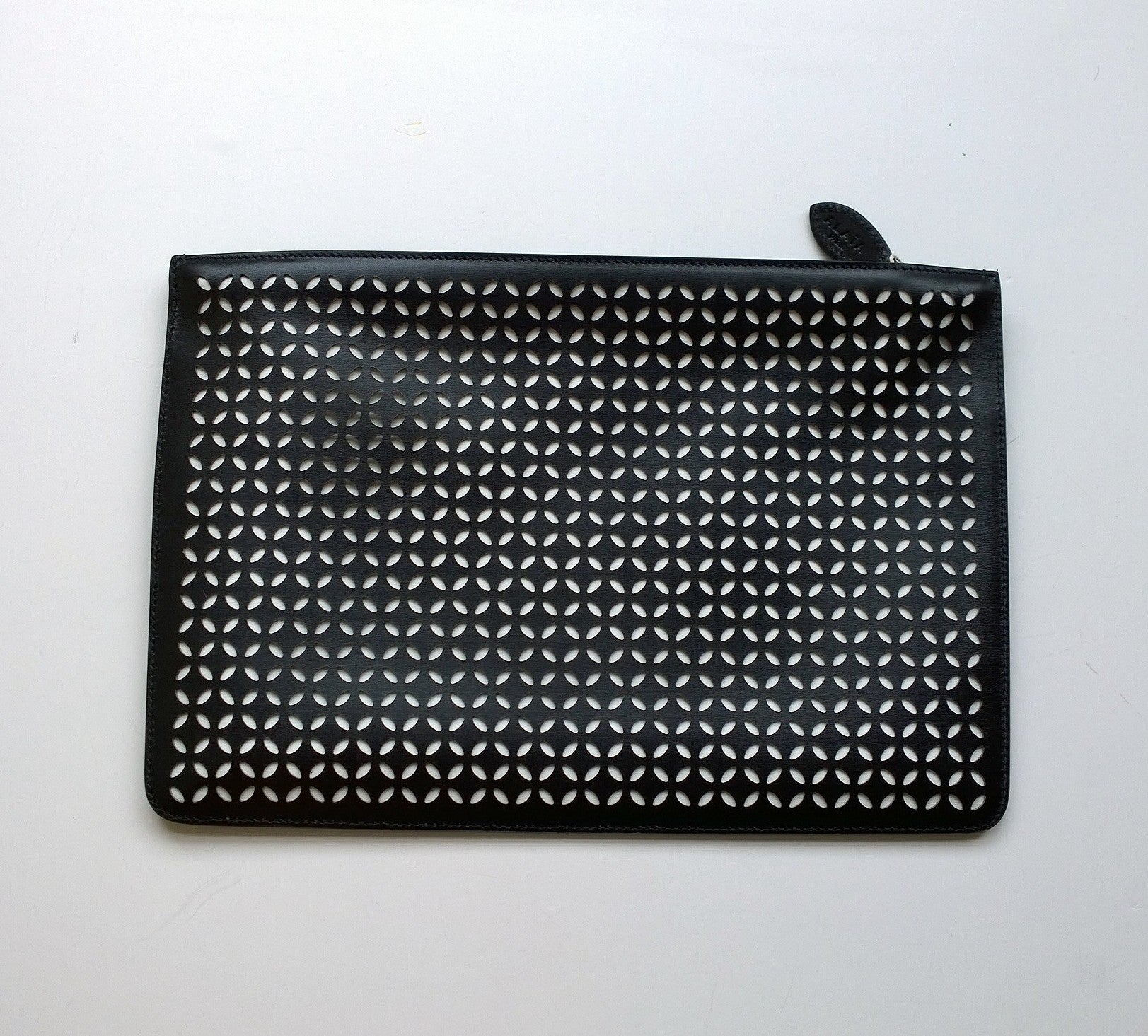 Alaia Arabesque Black Leather Laser Cut Clutch Bag with White Backing - Perfect for Evening Events, Parties, and Weddings