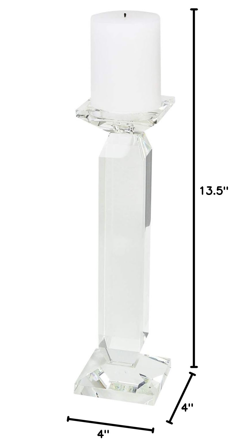 Elegant Clear Crystal Glass Candle Holder for Pillar or Taper Candles - 4 x 4 x 13.5 inch Medium Size - Perfect for Wedding Centerpieces, Dining Table Decor, and Romantic Home Ambiance