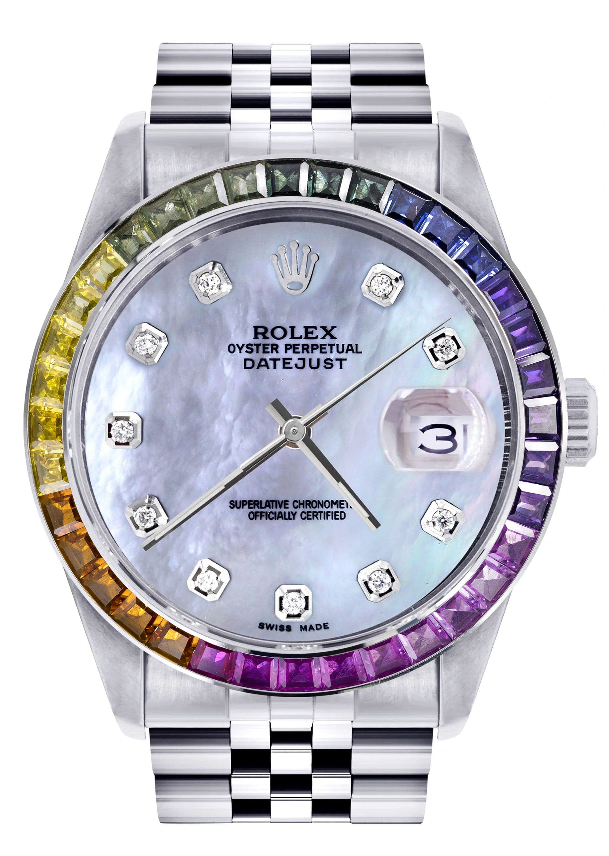 Luxury Diamond Gold Rolex Watch For Men 16200 | 36mm Stainless Steel Case | Rainbow Sapphire Bezel | Blue Mother of Pearl Dial | Jubilee Bracelet | Perfect for Gifts, Weddings & Special Occasions