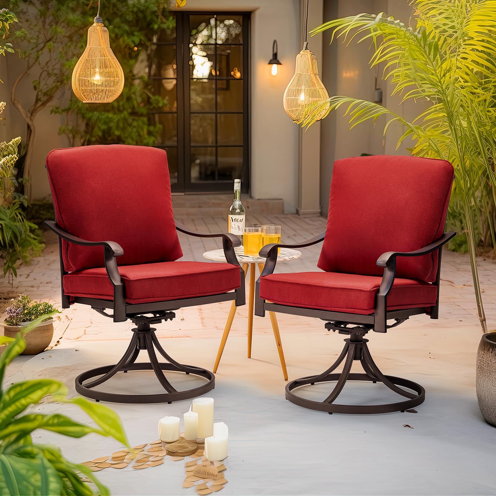 MELLCOM Heavy Duty Outdoor Swivel Dining Chairs Set of 2 with Thickened Cushions - Metal Patio Rocking Chairs for Garden, Lawn, Porch, Backyard & Poolside - Red (Perfect for Outdoor Entertaining, Relaxing & Dining)