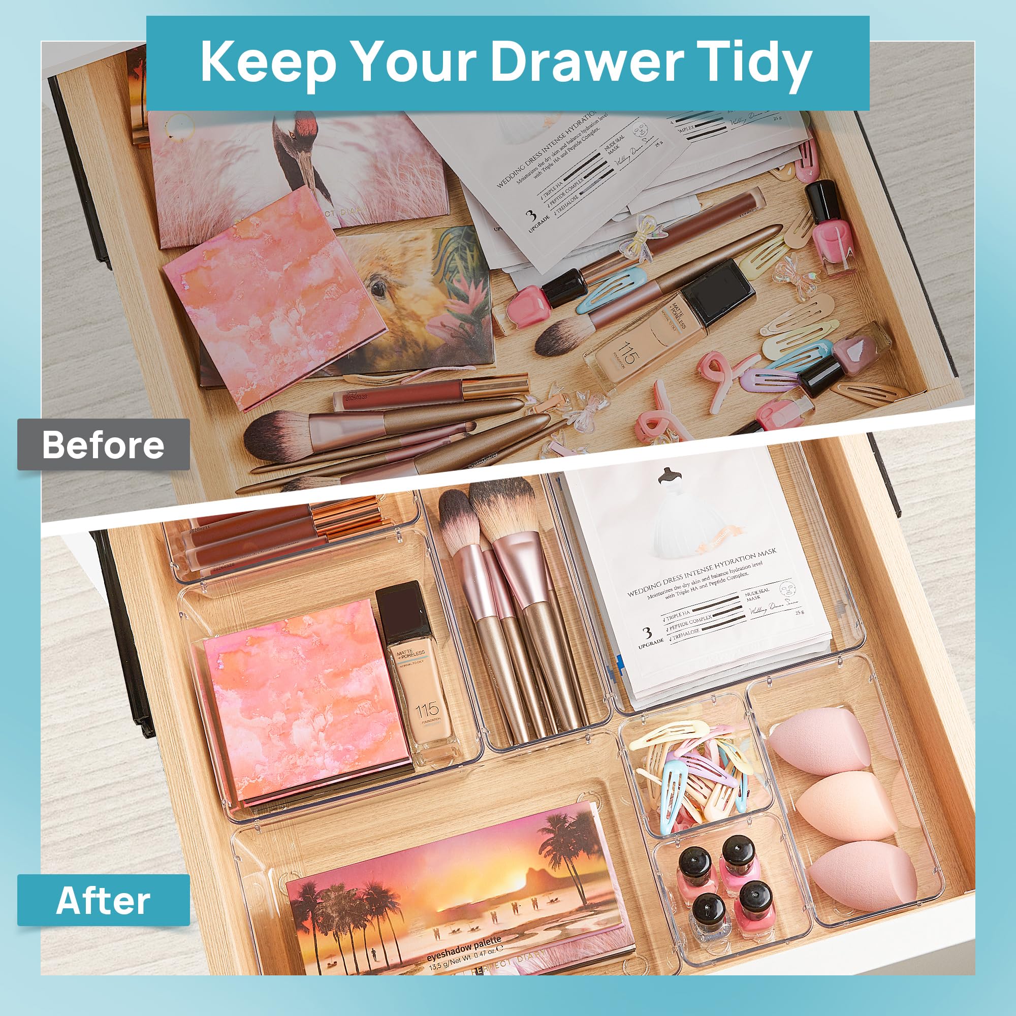 Vtopmart 25-Piece Clear Plastic Drawer Organizer Set - 4-Size Versatile Storage Bins for Makeup, Bathroom, Kitchen & Office - Perfect for Vanity, Bedroom Drawers & Utensil Organization (Home & Office Use)