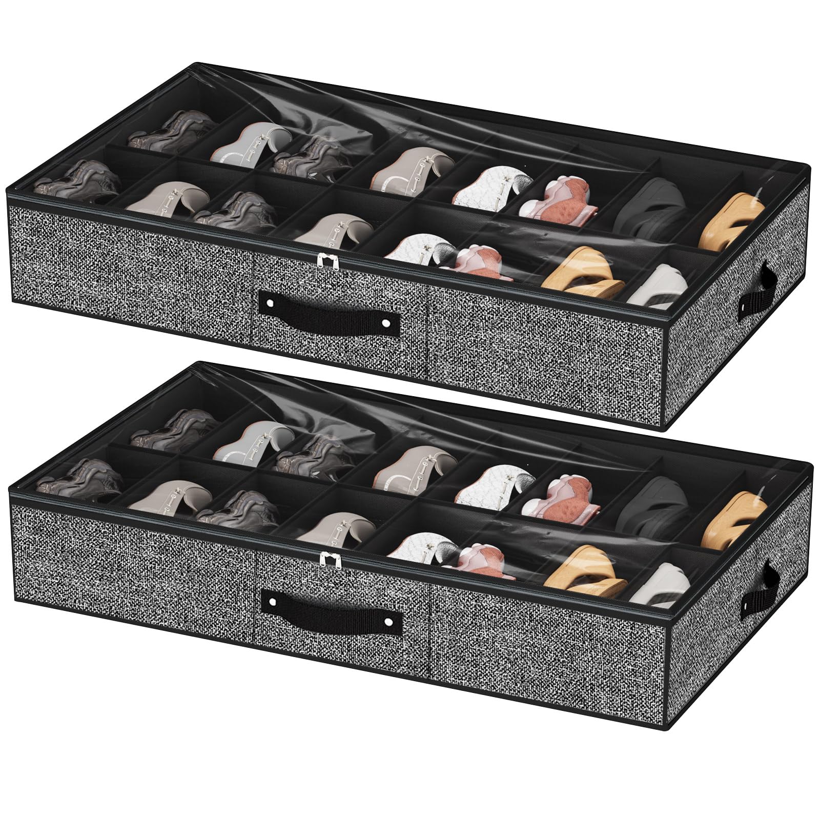32 Pairs Under Bed Shoe Organizer - Extra Large Shoe Storage Boxes & Bins for Closet, Bedroom - Black Set of 2 - Perfect for Sneakers, Boots & Sandals Organization