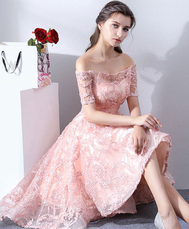 Elegant Pink Lace High-Low Prom Dress for Women - Formal Evening Gown with Floral Embroidery - Perfect for Homecoming, Prom Night & Special Occasions