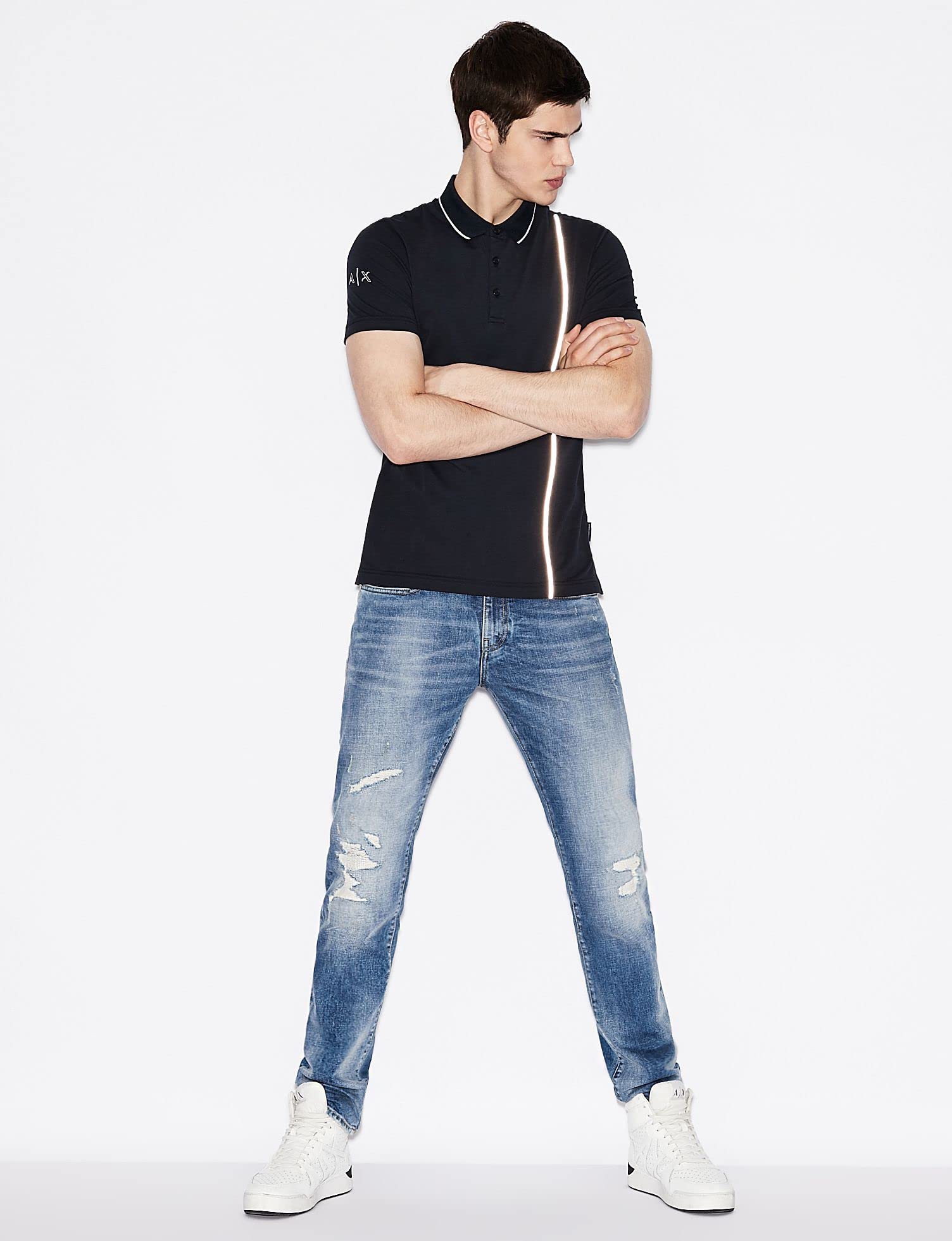 Armani Exchange Men's Slim Fit Medium Wash Denim Jeans with Patch & Repair Details | Casual Wear & Night Out Outfits