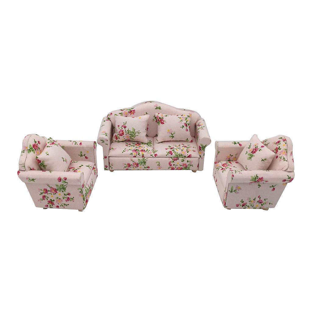 Handmade 1/12 Scale Miniature Dollhouse Furniture - Birch Wood & Fabric Sofa Set with Back Cushions | Perfect for Dollhouse Decor, Model Displays & Collectors