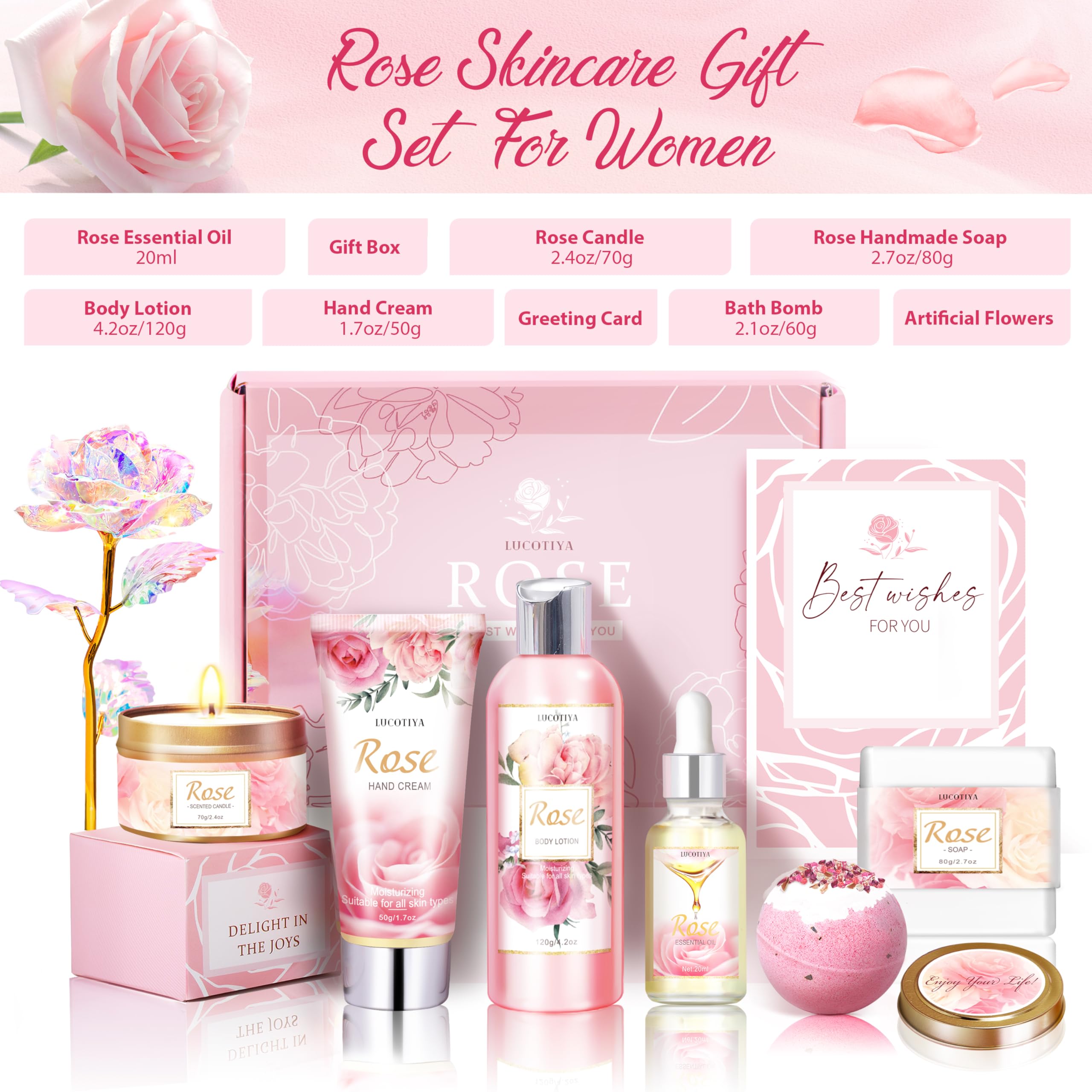 LUCOTIYA Spa Gift Basket for Women - Rose Scented Bubble Bath Set, Birthday Gifts for Mom, Teacher, Sister | Relaxing Self-Care & Romantic Bath Time