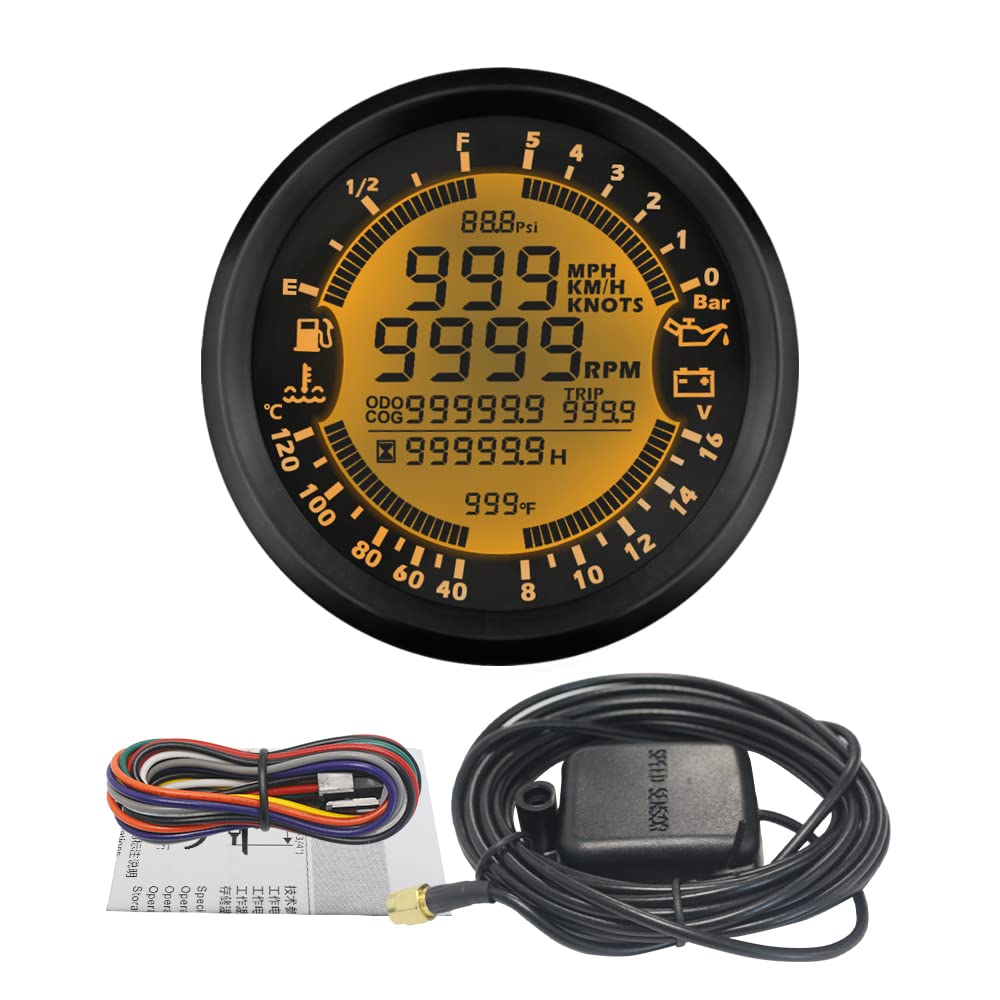 ELING 6-in-1 Multi-Function Marine Gauge - GPS Speedometer, Tachometer, Hour Meter, Water Temp, Fuel Level, Oil Pressure & Voltmeter - 12V 85mm Backlit Display for Boats, Yachts & RVs