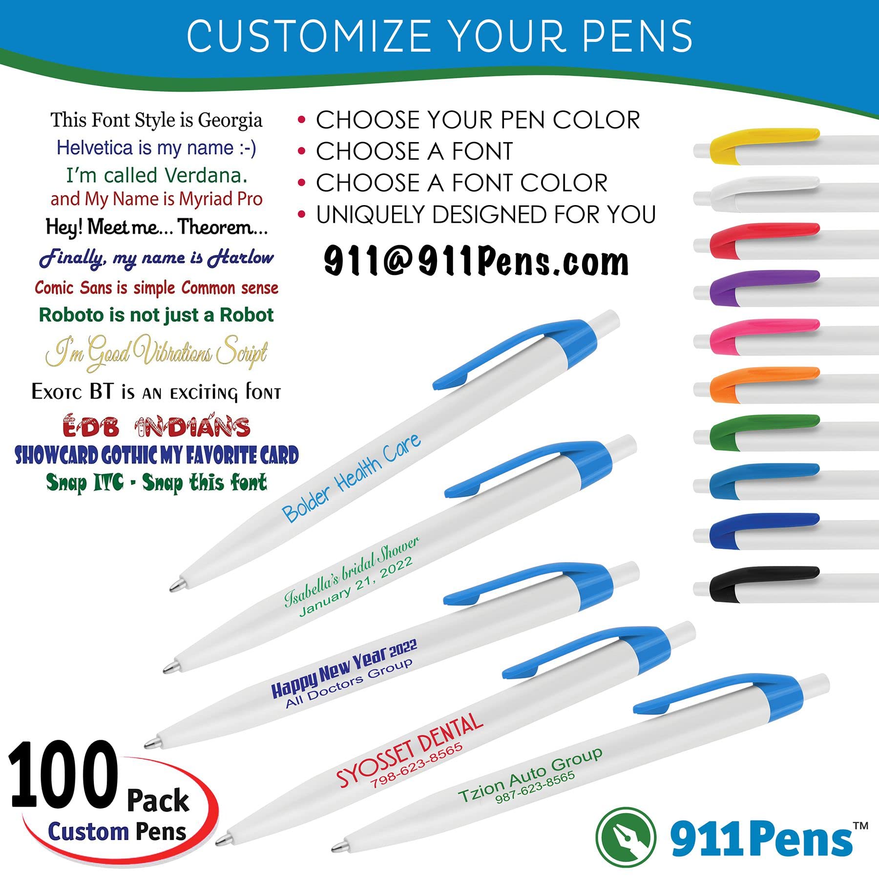 100 Custom Printed Light Blue Ballpoint Pens - Personalized with Your Logo & Text - USA Made - Bulk Promotional & Office Writing Pens for Business Gifts, Events & Branding
