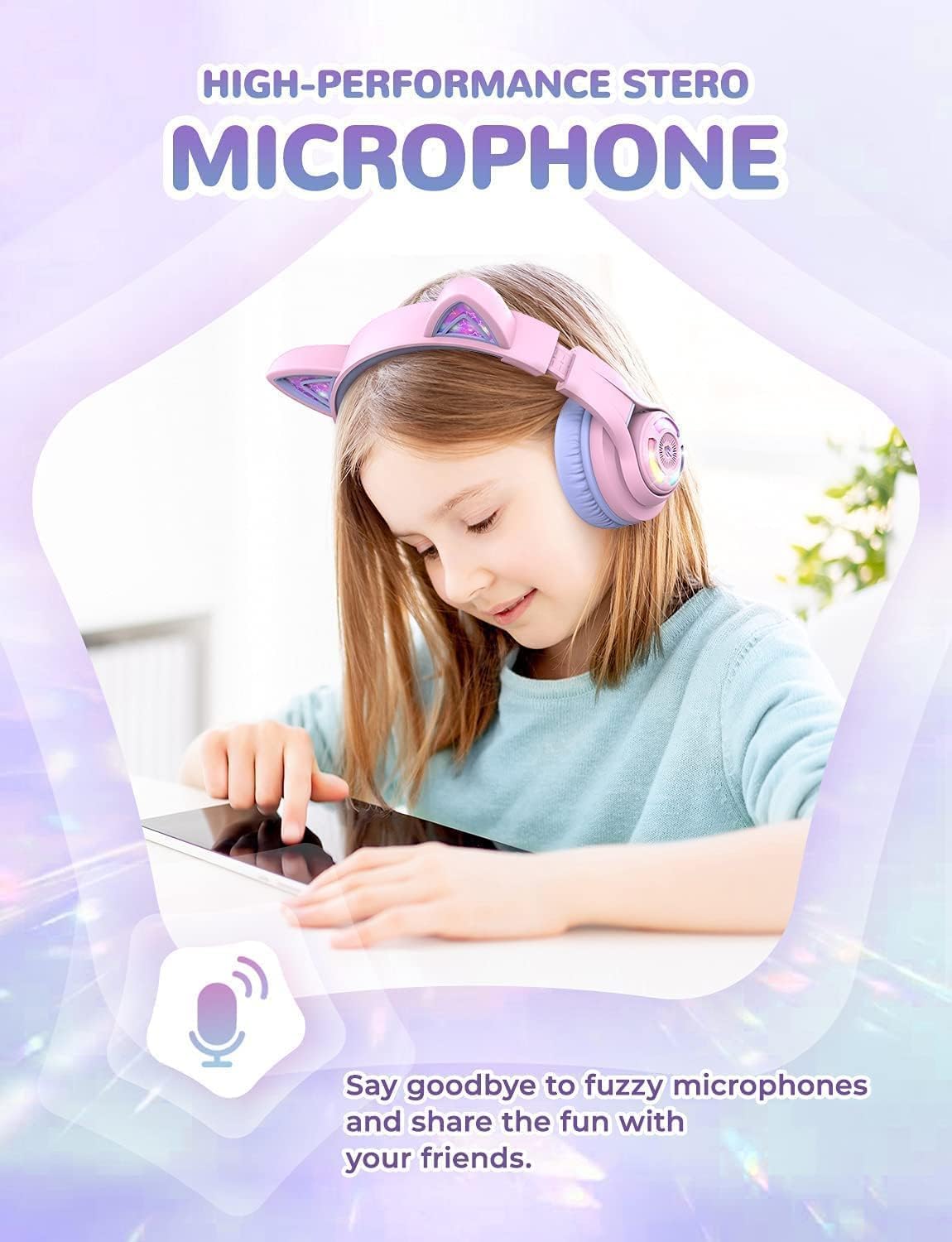 iClever Cat Ear Kids Bluetooth Headphones with LED Lights - 50H Playtime, Bluetooth 5.2, USB-C, 74/85dBA Safe Volume Limited - Wireless Over-Ear Headphones for Girls & Boys (Meow Macaron-Bright Purple) - Perfect for School, Travel & Gaming