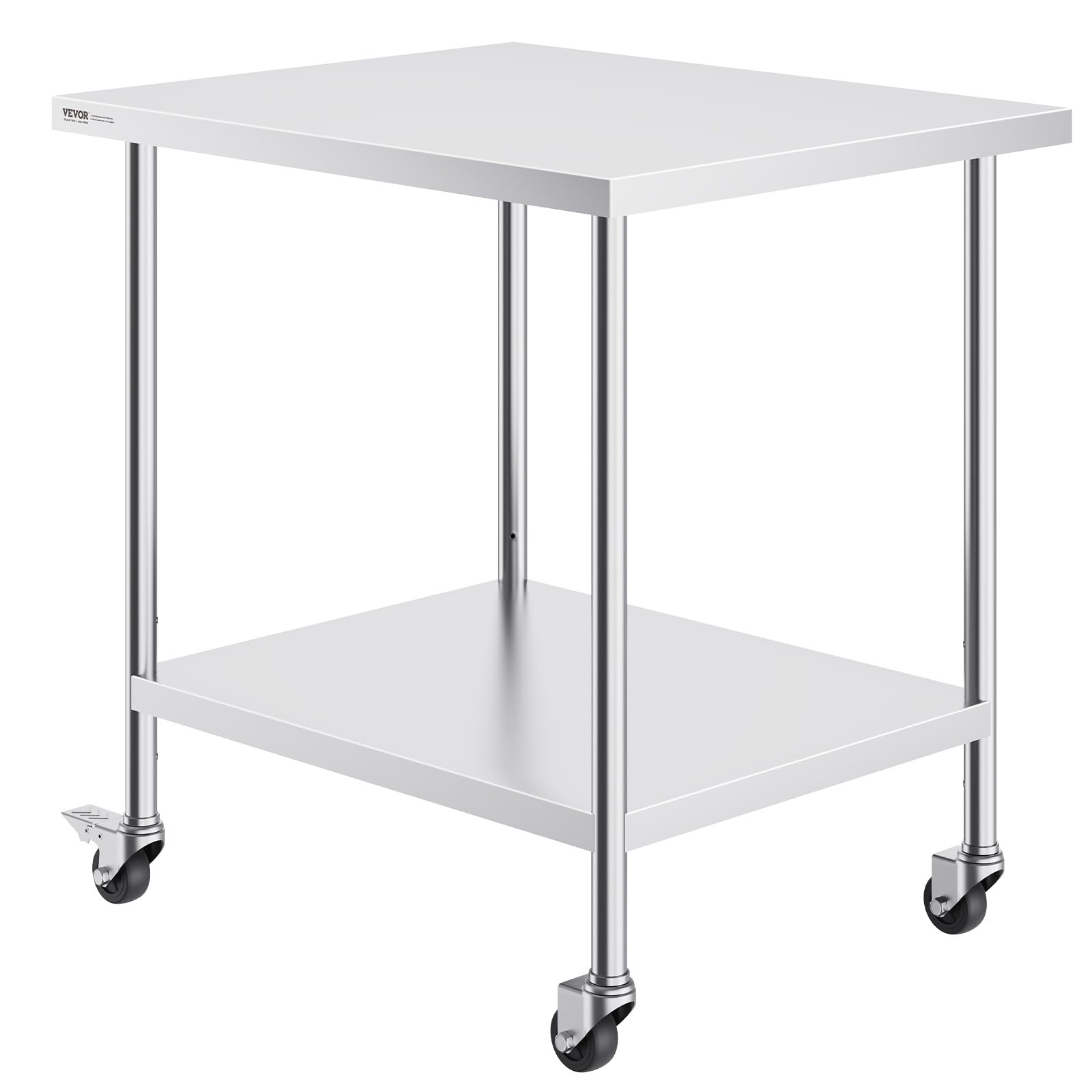 VEVOR 30 x 36 x 38 Inch Stainless Steel Work Table with 4 Wheels & 3 Adjustable Height Levels - Heavy Duty Commercial Kitchen Worktable for Restaurant, Bakery, Food Prep - Silver (Ideal for Food Processing, Catering & Butcher Shops)