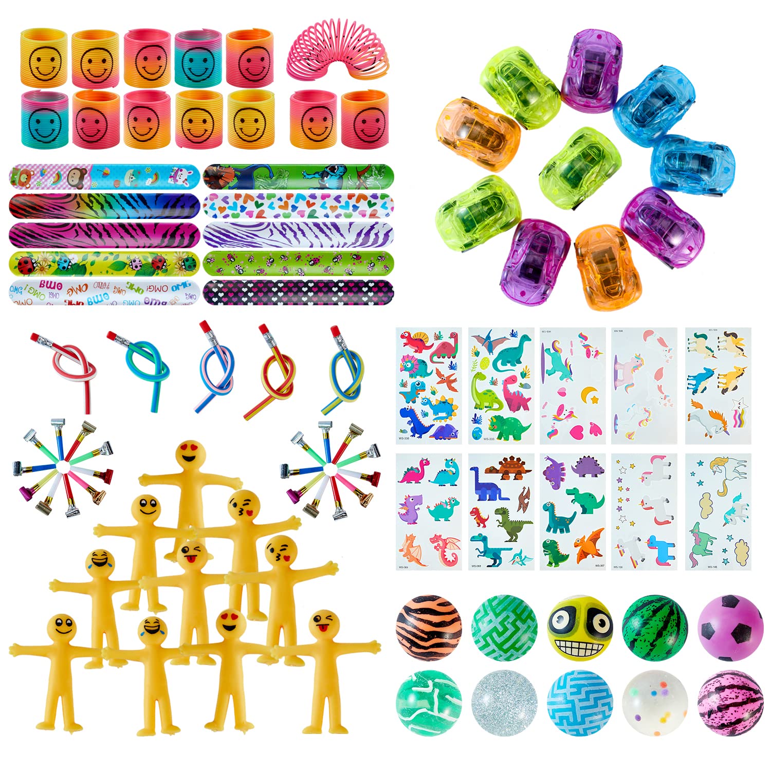 SMOKFON Kids Party Favor Bag Fillers - Assorted Toys Including Rainbow Springs, Slap Bracelets, Bouncy Balls & Temporary Tattoos - Perfect for Birthday Parties, Classroom Rewards, Stocking Stuffers & School Prizes - Fun Gift for Boys & Girls