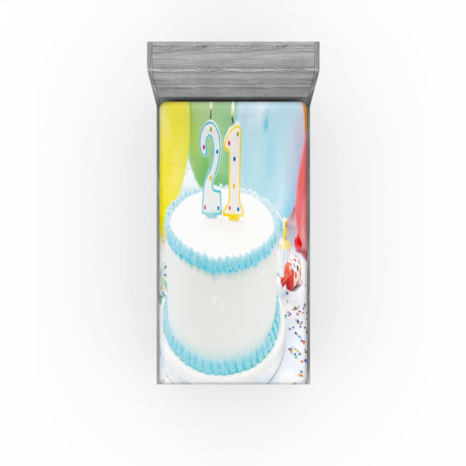 Ambesonne 21st Birthday Fitted Sheet - USA Legal Age 21 Party Cake & Balloons Print - Deep Pocket Elastic Twin XL Bed Cover - White & Pale Blue - Perfect for College Dorms, Birthday Decor & Themed Parties