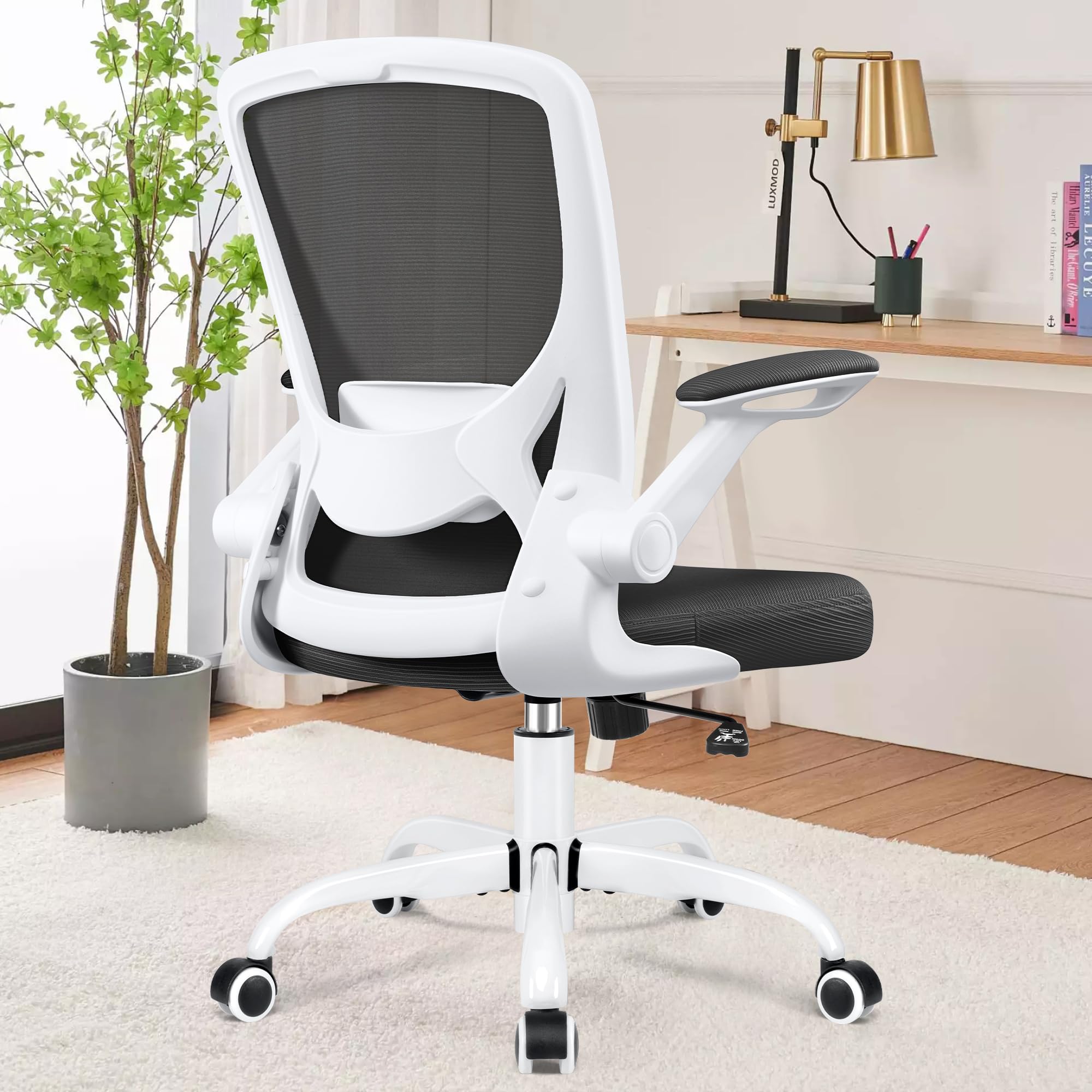 KERDOM Ergonomic Office Chair - Breathable Mesh Computer Desk Chair with Lumbar Support, Wheels & Flip-Up Arms - Adjustable Height Swivel Task Chair for Home Office & Gaming (White) - Perfect for Long Work Sessions, Online Classes & PC Gaming