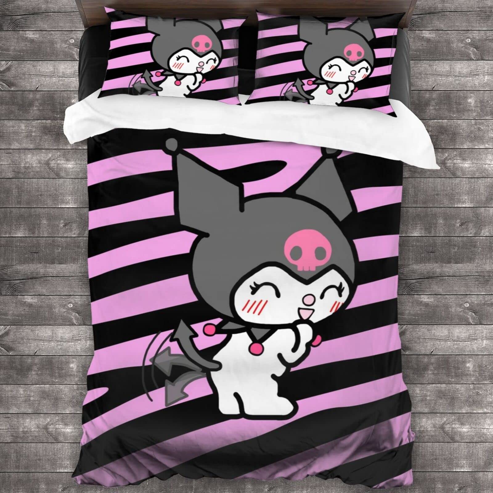Kuromi & My Melody Twin Size 3-Piece Quilt Set - Lightweight Microfiber Comforter, Bedspread & Pillowcases - All Season Anime Bedding for Girls Room, Kawaii Bed Decor - Perfect for Teens, Sleepovers & Anime Themed Bedrooms