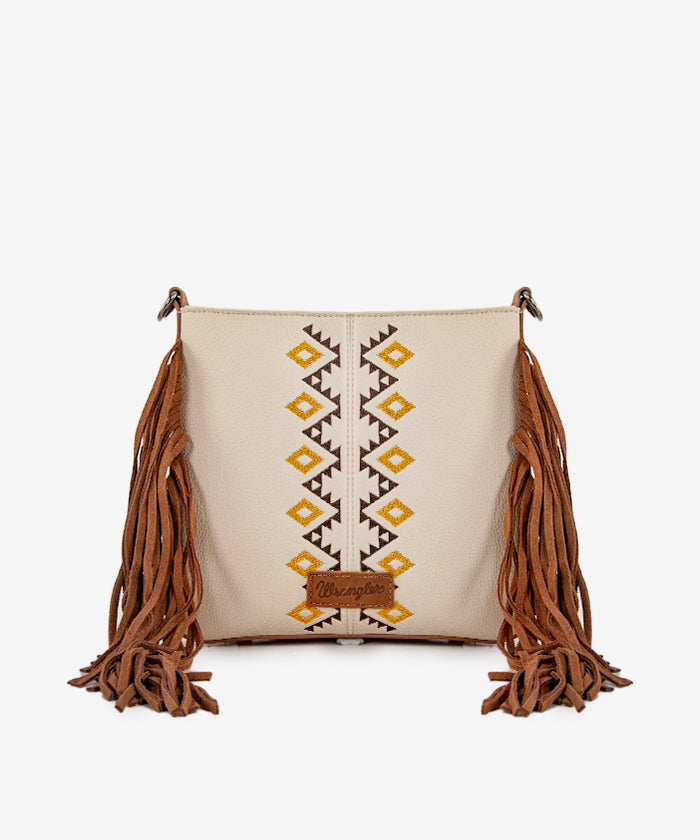 Wrangler Aztec Embroidered Fringe Crossbody Bag for Women - Boho Chic Handbag Perfect for Music Festivals & Everyday Use