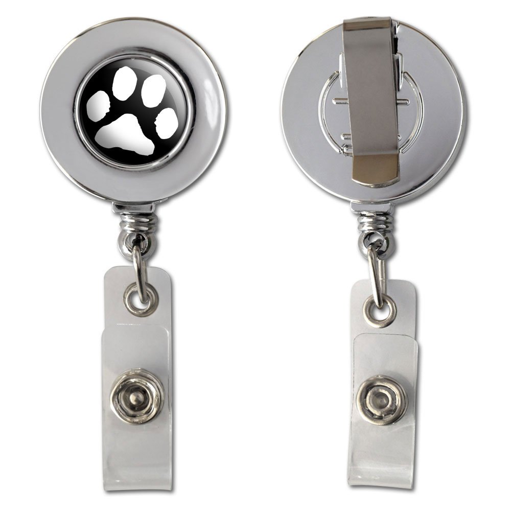 Black Retractable Badge Reel with White Paw Print Design - Chrome ID Card Holder Clip for Work, School, and Pet Lovers