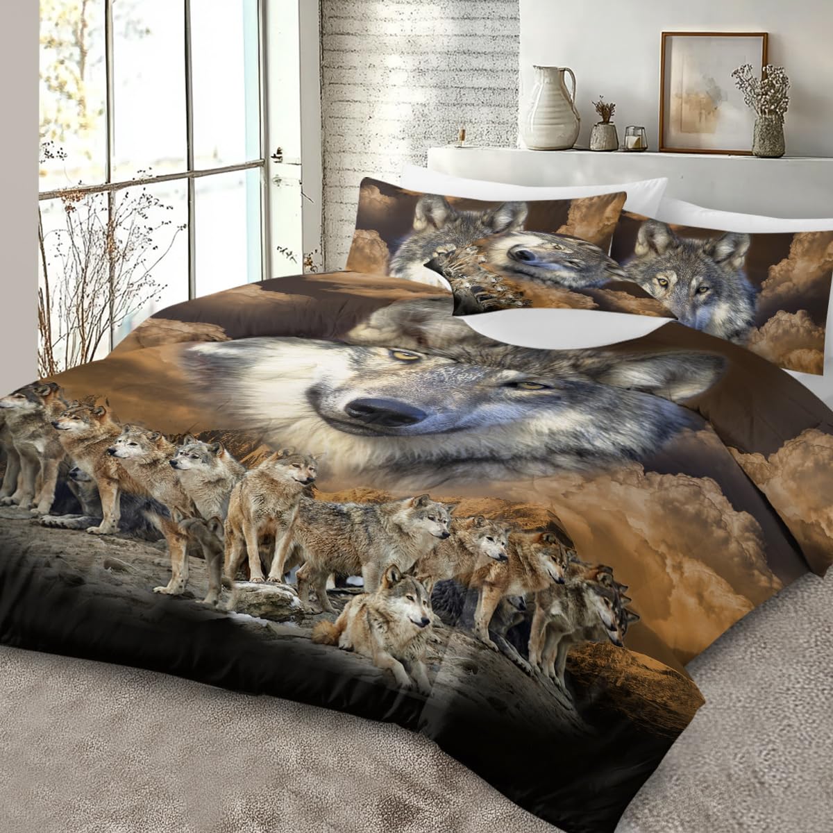 Sleepwish Gold Wolves Comforter Set - Twin Size 4-Piece Dark Clouds Wolf Leader Bedding with Comforter, Pillow Shams & Cushion Cover - Perfect for Teen Bedrooms, Wolf Lovers & Cozy Cabin Decor