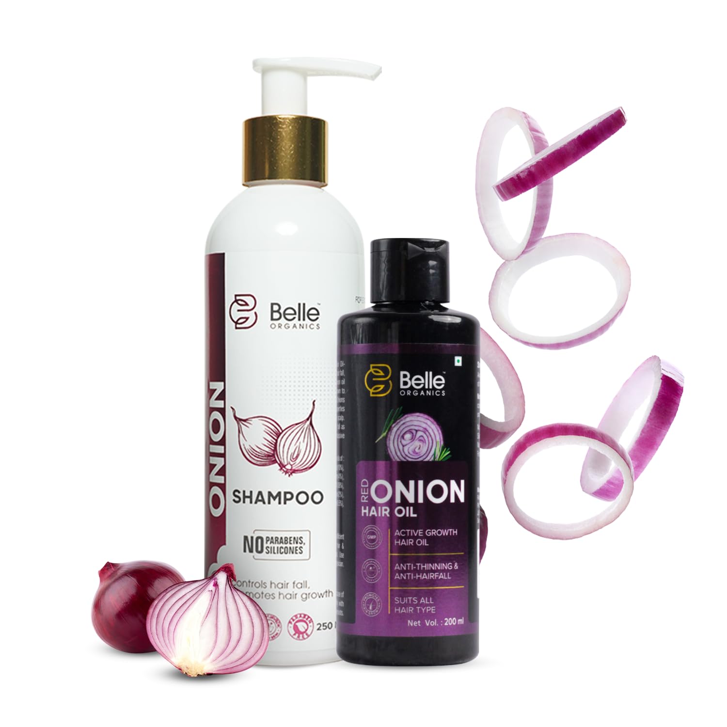 Belle Organics Red Onion Hair Oil (200ml) & Onion Shampoo (250ml) Combo Set | Sulfate & Paraben Free Hair Care for Strengthening, Nourishing & Frizz Control | Soft Silky Hair Treatment with Natural Ingredients | Suitable for All Hair Types | Perfect for Daily Use, Hair Growth & Damaged Hair Repair