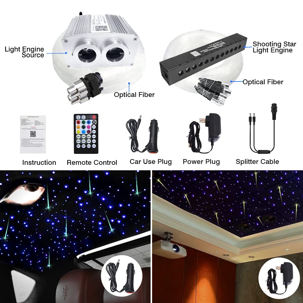 16W Dual Head Twinkle Fiber Optic Lights Kit - Bluetooth RGBW LED Starlight Headliner for Car & Home Ceiling | 920pcs Mixed Fibers (9.8ft/3m) with Meteor Shooting Star Effect | Perfect for Bedroom, Theater, Party & Romantic Ambiance Lighting