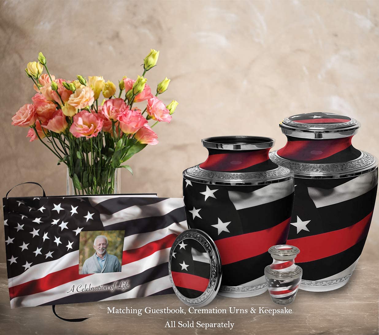 Personalized Red Line Flag Cremation Urn for Adult Male Ashes - Handcrafted Decorative Urn Set of 4 - Memorial Keepsake for Loved Ones | Perfect for Home Display, Memorial Services & Family Tributes