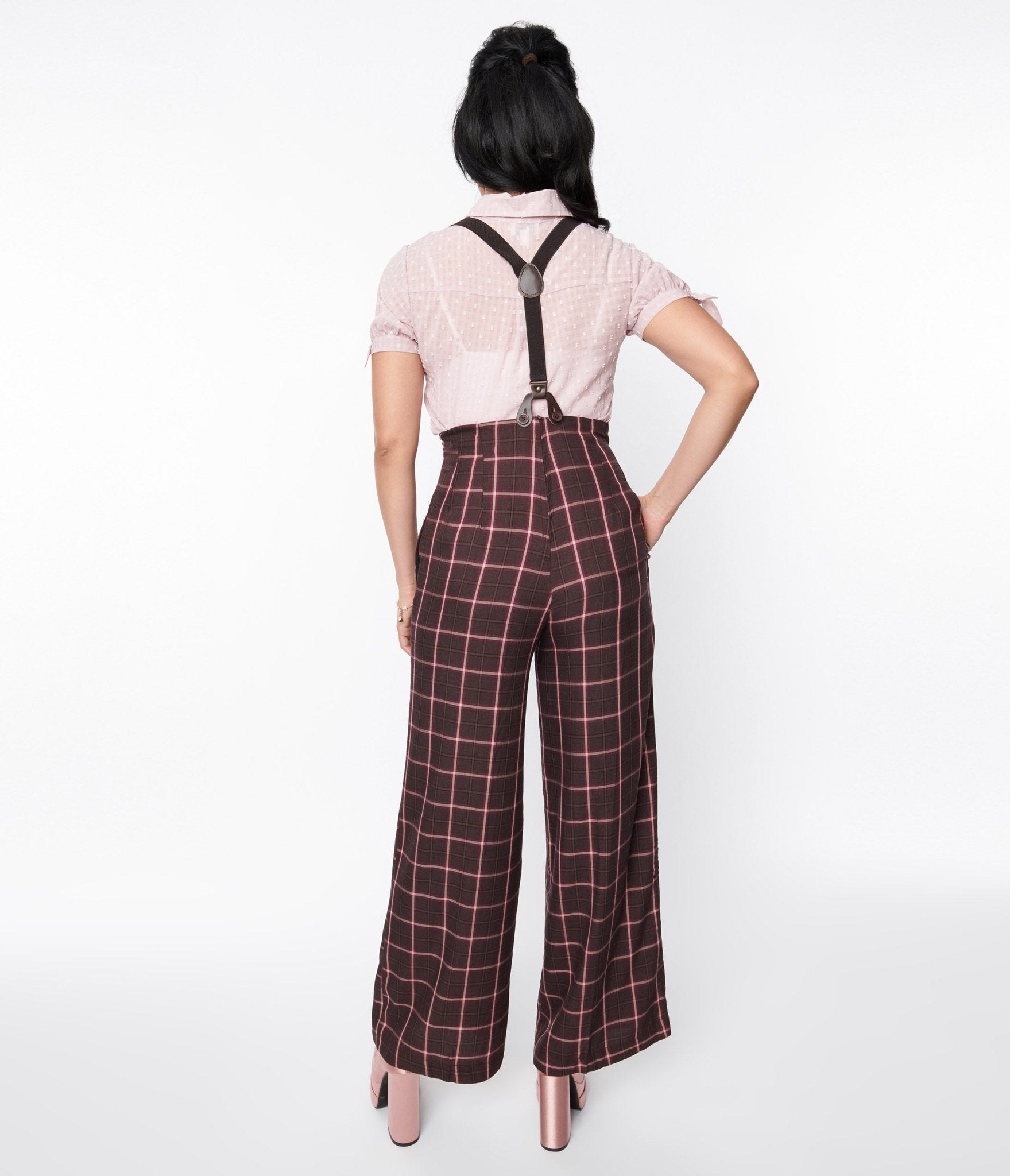 Vintage 1930s Purple & Mauve Plaid High Waist Suspender Pants - Retro Fashion for Women, Unique 1930s Style Trousers with Suspenders, Perfect for Costume Parties, Themed Events & Vintage Outfits