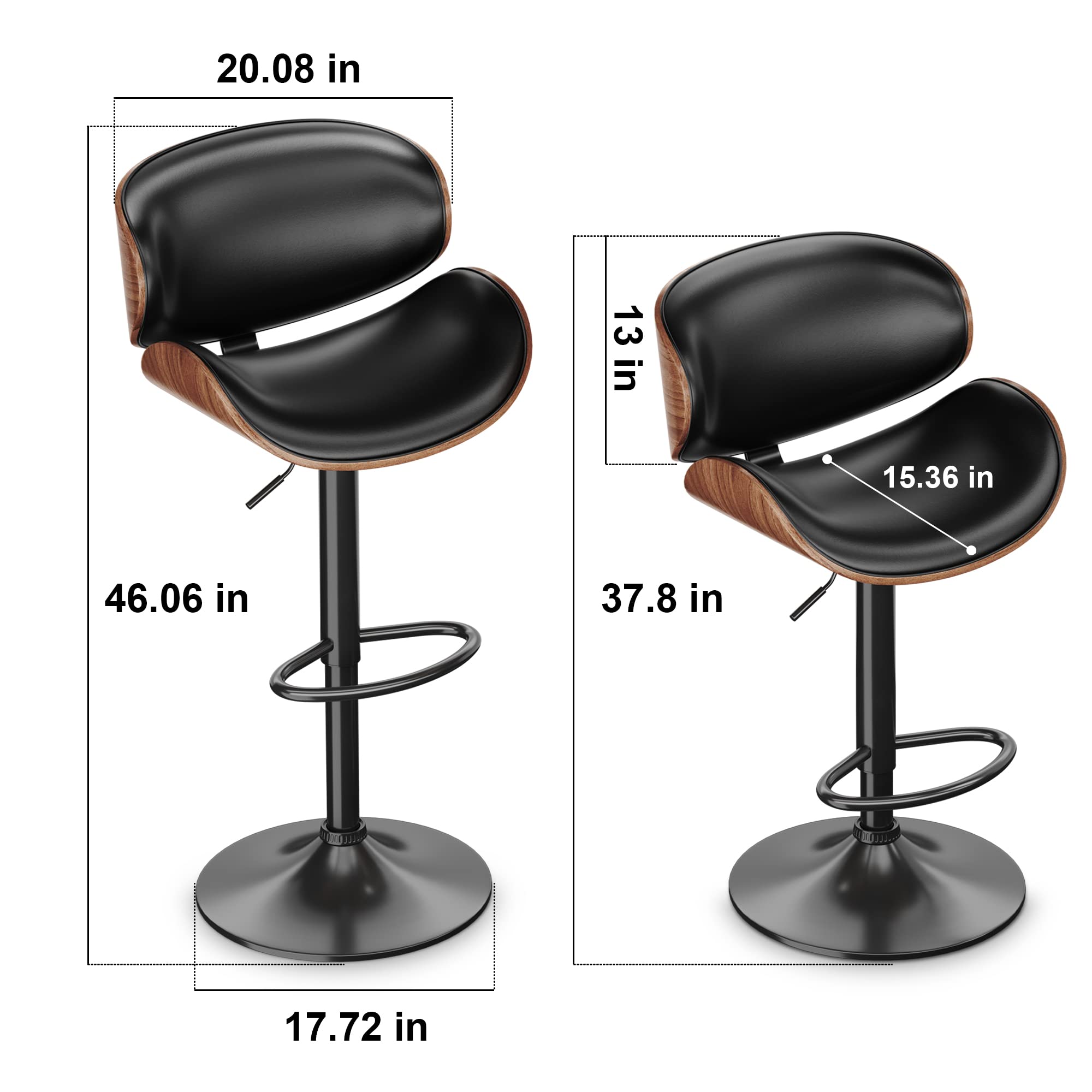 ONME Adjustable Height Swivel Bar Stools Set of 2 - PU Leather Upholstered Counter Stools with Back Support & Footrest - Modern Bar Chairs for Kitchen Island, Home Bar, Dining Room & Breakfast Nook - Dark Black