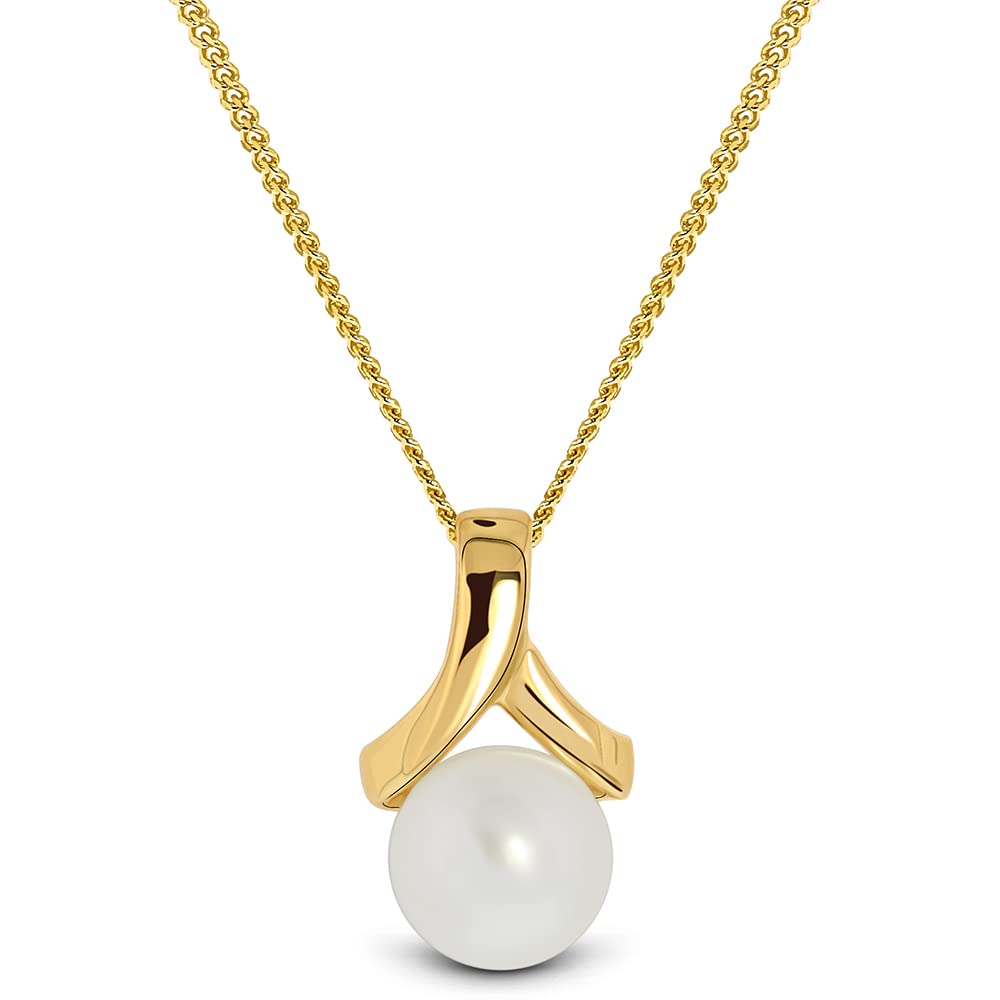 MIORE 9ct 375 Real Gold White Freshwater Pearl Necklace for Women - 7.5mm Pearl with 45cm Curb Chain & Pendant - Handmade Jewelry Gift Set in Elegant Box | Perfect for Weddings, Anniversaries & Special Occasions