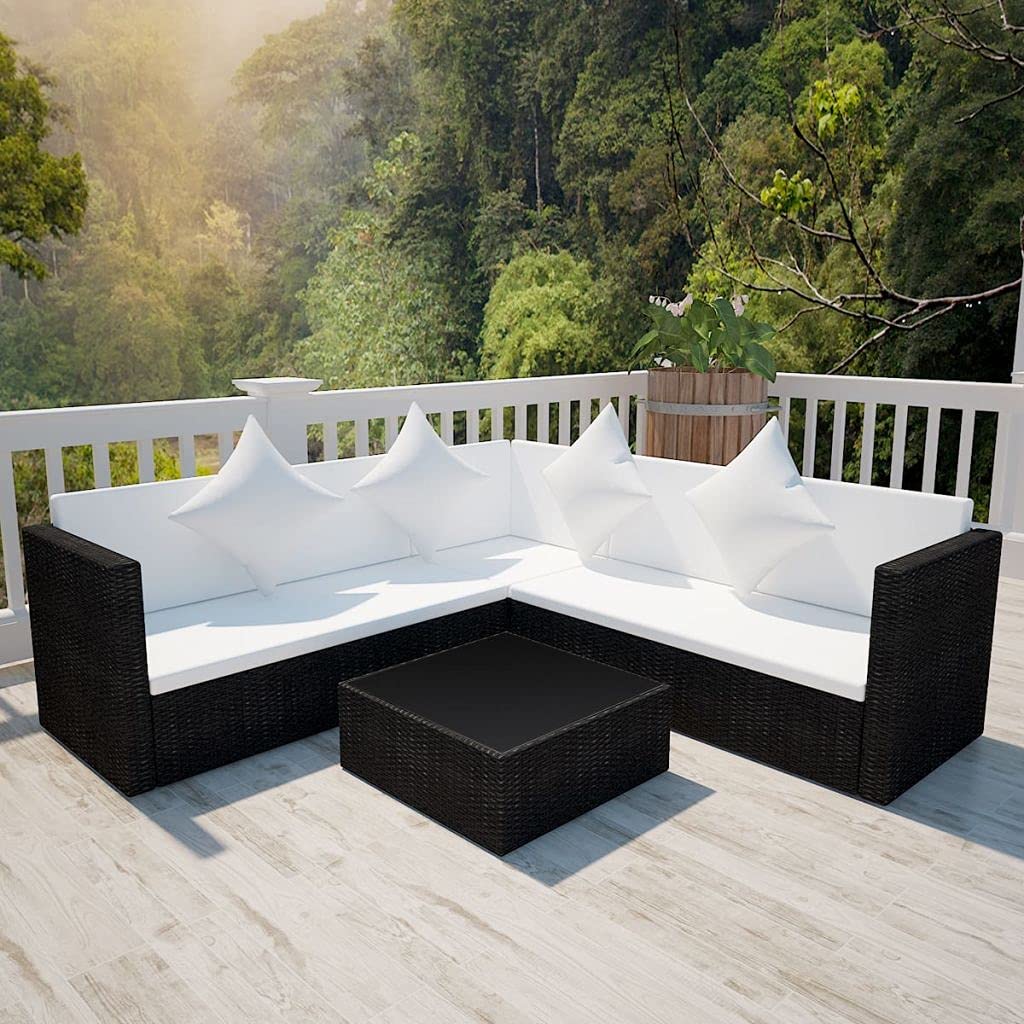 4-Piece Outdoor Patio Furniture Set - Black Wicker Sectional Sofa with Cushions & Tempered Glass Coffee Table - Perfect for Backyard, Garden, Poolside & Patio Relaxation