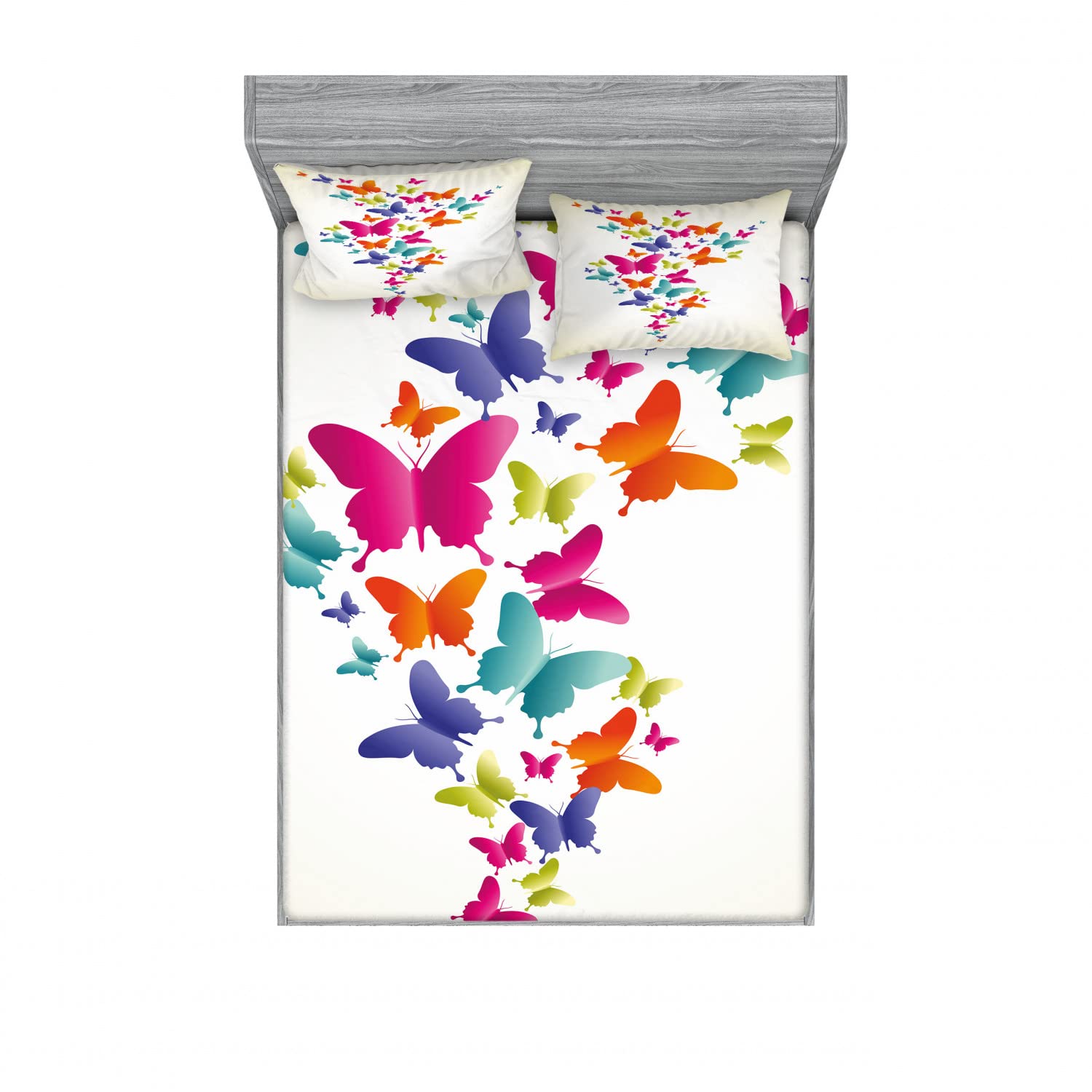 Ambesonne 2-Pack Fitted Sheet & Pillow Sham Set - Vibrant Butterfly Design, 4-Piece Bedding Collection (Includes 2 Queen Fitted Sheets & 4 Pillow Covers) - Spring Home Decor for Master Bedroom, Guest Room & Dorm