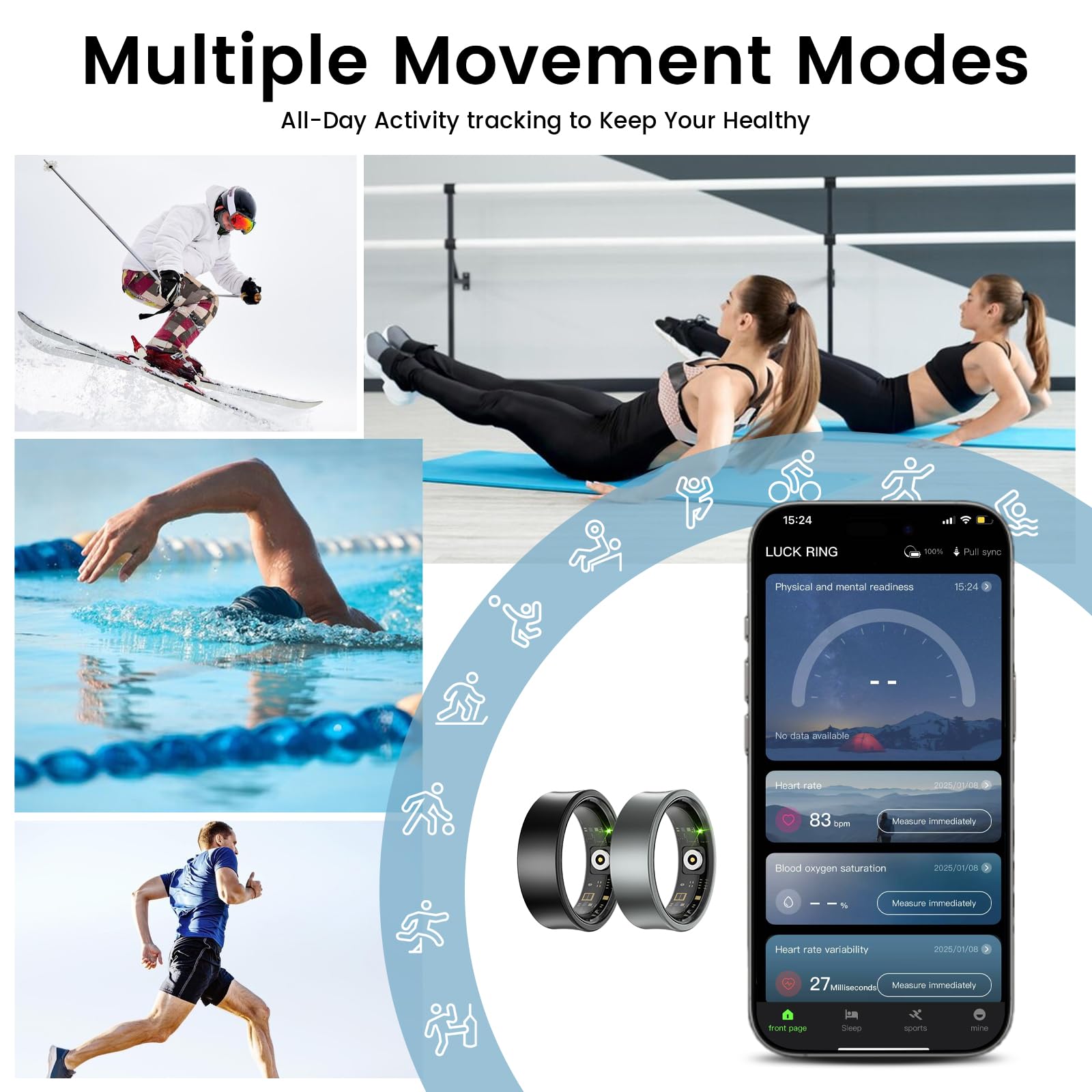 Smart Ring Health & Fitness Tracker for Men & Women - Heart Rate, Blood Oxygen, Sleep Monitor, Waterproof Activity Tracker with Exercise Tracking (Silver) | Perfect for Gym, Running, Swimming & Daily Health Monitoring