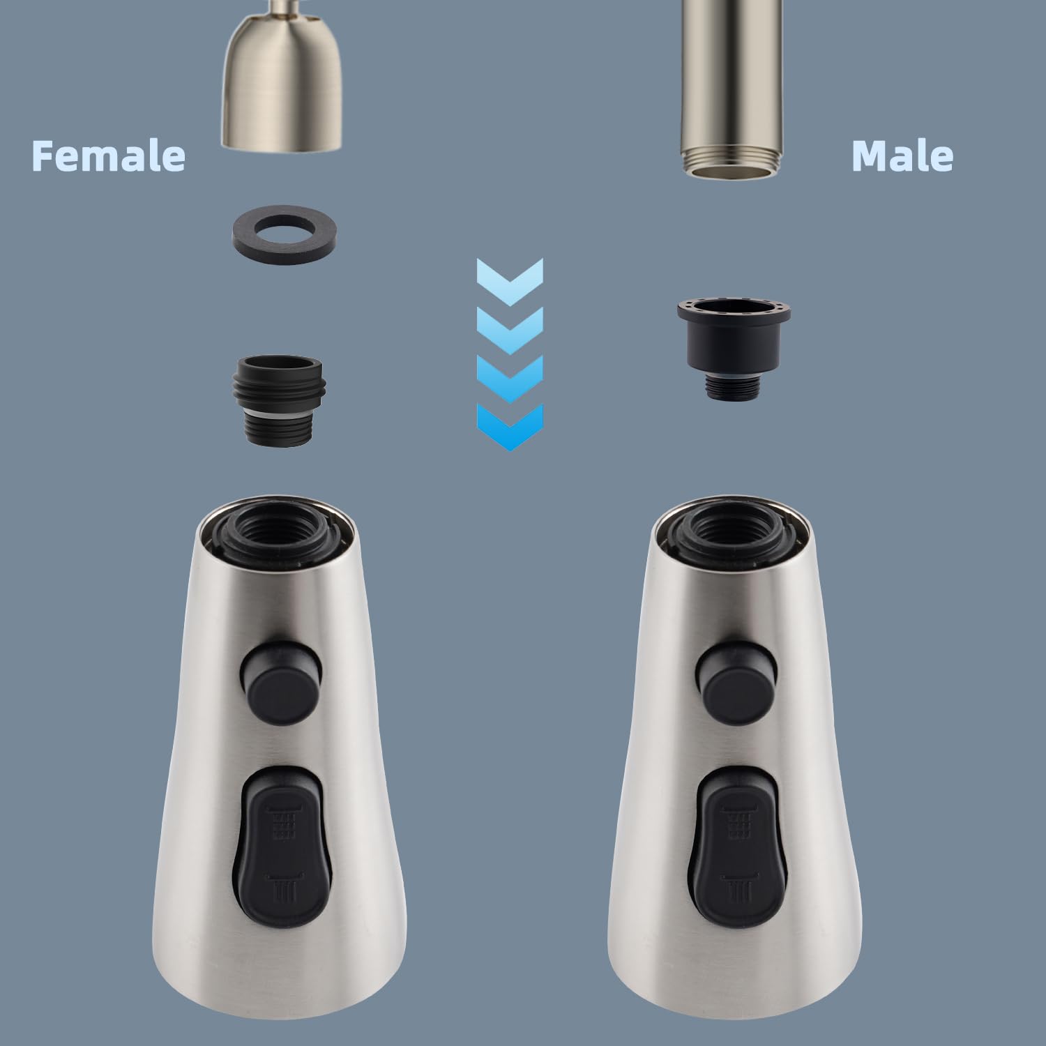 iFealClear Universal Pull Down Kitchen Faucet Spray Head Replacement - Brushed Nickel Finish, 3 Spray Modes, 15 Adapters - Compatible with Moen, Delta, American Standard Faucets - Perfect for Washing Dishes, Cleaning Sinks & Food Prep
