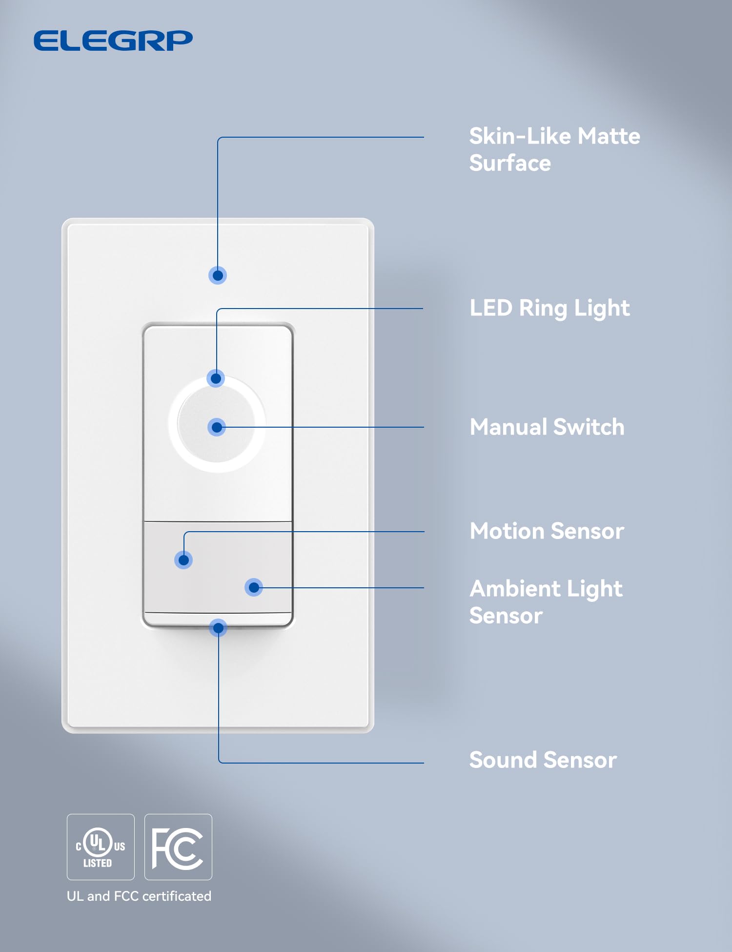 ELEGRP Smart Motion Sensor Light Switch 4 Pack - 2.4GHz Wi-Fi Single Pole, Works with Alexa & Google Assistant, APP Remote Control, UL Certified, No Hub Required (White) - Perfect for Home Automation, Smart Lighting Control in Bedrooms, Hallways & Staircases