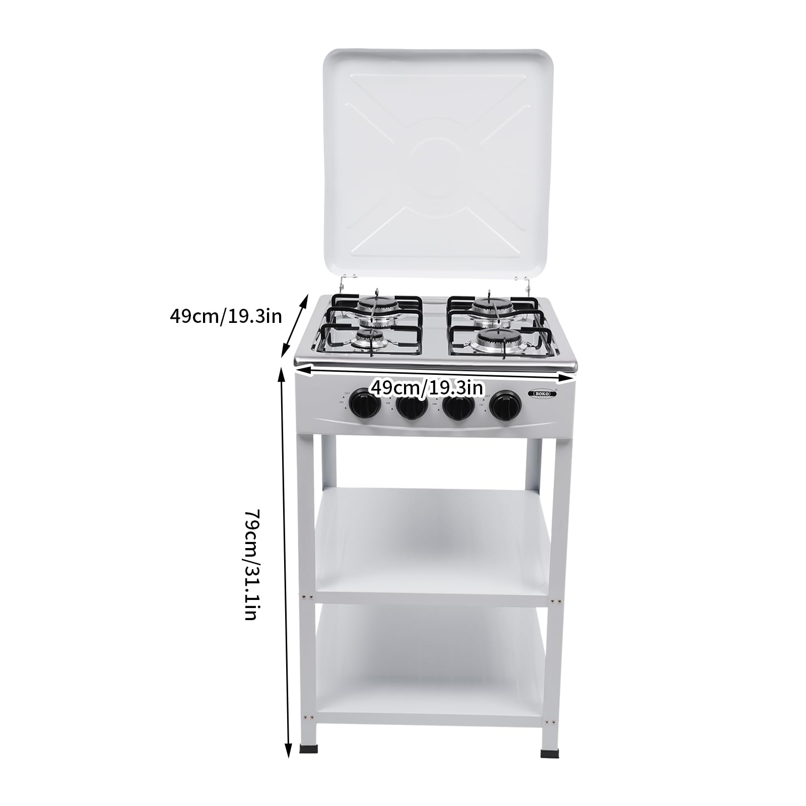Portable 300,000 BTU 4-Burner Propane Gas Stove for Outdoor Camping, RV, Picnic & BBQ - Includes Windshelter & 2-Tier Storage Rack - White Camping Cooking Set for Backyard, Tailgating & Emergency Preparedness