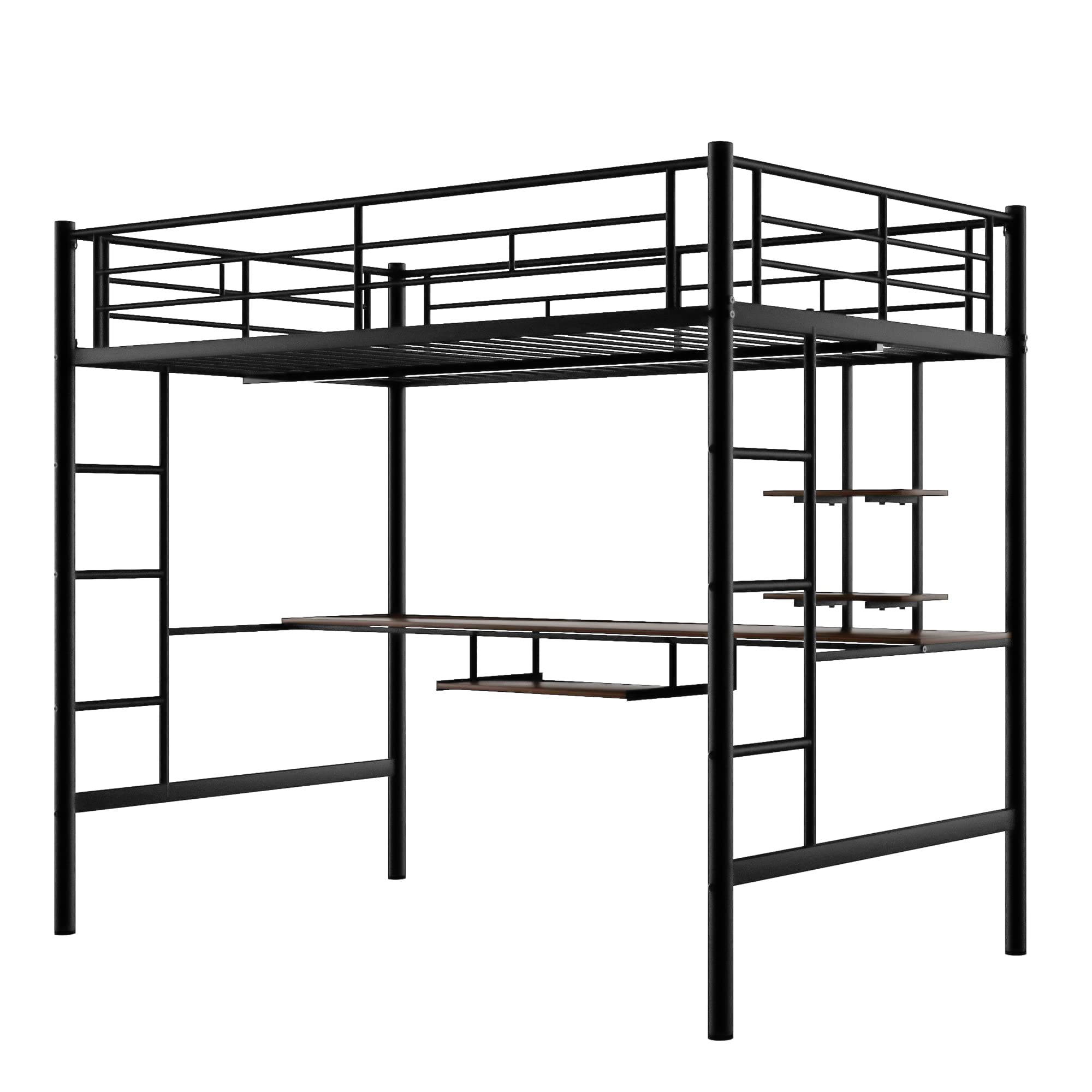 RUNNA Full Size Loft Bed for Kids & Teens - Sturdy Metal Bunk Bed with Built-in Study Desk, Shelves & Keyboard Tray - Space Saving Furniture for Small Rooms - Perfect for Dorm, Bedroom or Apartment