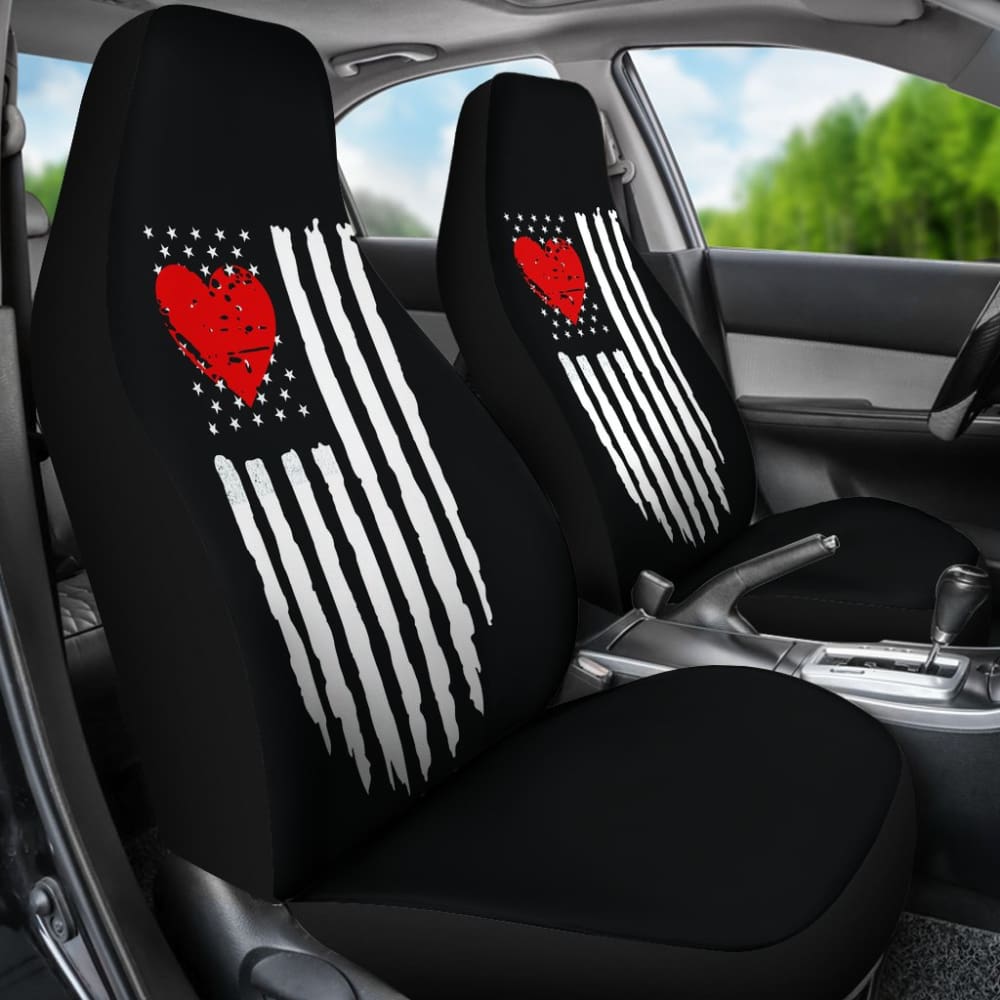 Black Distressed American Flag & Heart Car Seat Covers Set - Patriotic Auto Accessories for Trucks, SUVs & Cars - Perfect for Road Trips, Daily Commutes & 4th of July Decor