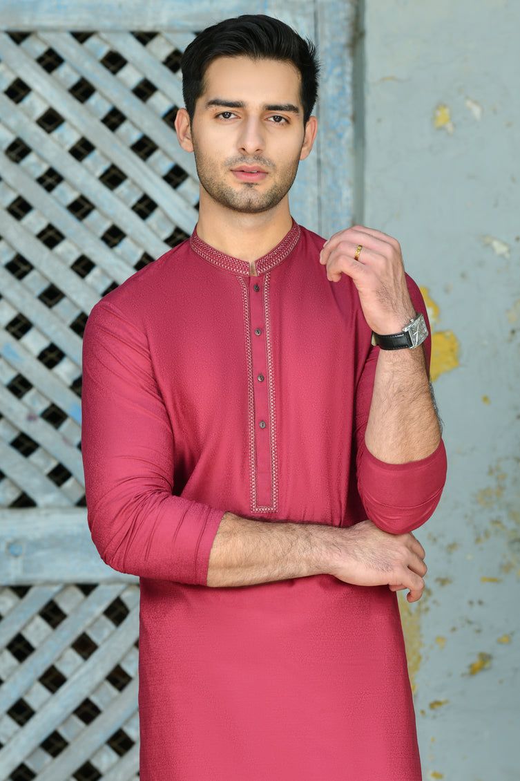 Stylish Blended Red Kurta by J. Junaid Jamshed - Perfect for Festivals, Weddings & Casual Wear