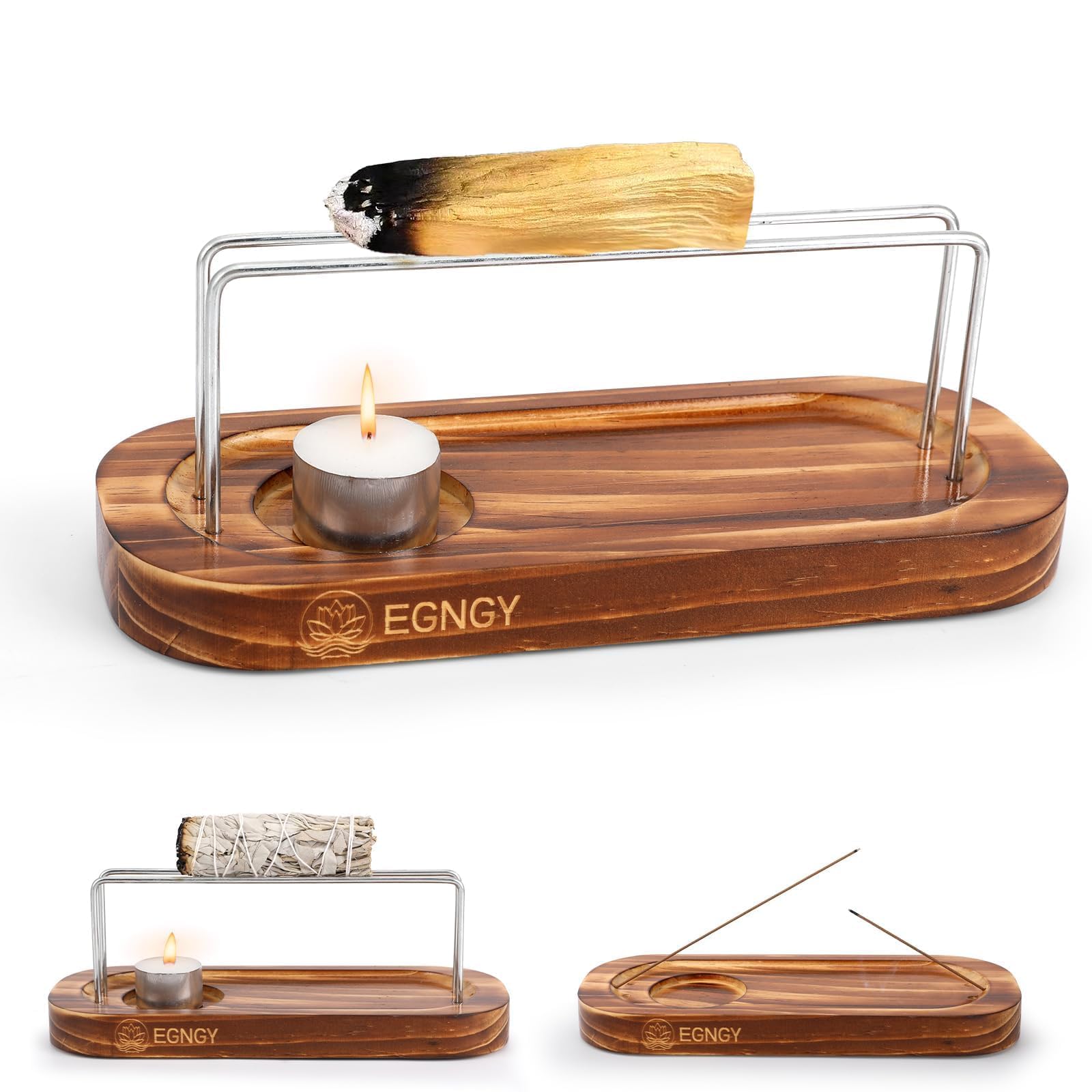 Handmade Palo Santo & Sage Burner - 4-in-1 Incense Stick Holder, Candle Stand & Natural Wood Burner - Spiritual Meditation Gift for Yoga, Home Decor & Aromatherapy
