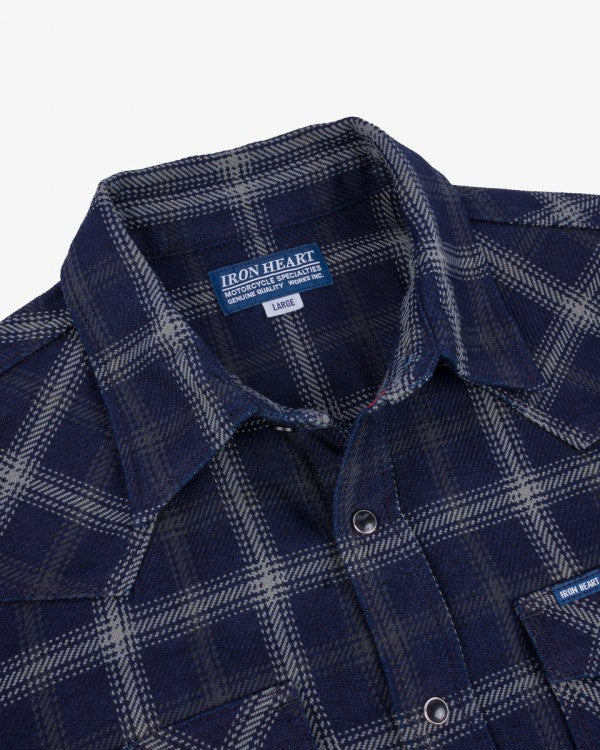 Iron Heart IHSH 411 9oz Selvedge Indigo Check Flannel Western Shirt for Men - Black Plaid Workwear Shirt for Casual & Outdoor Wear