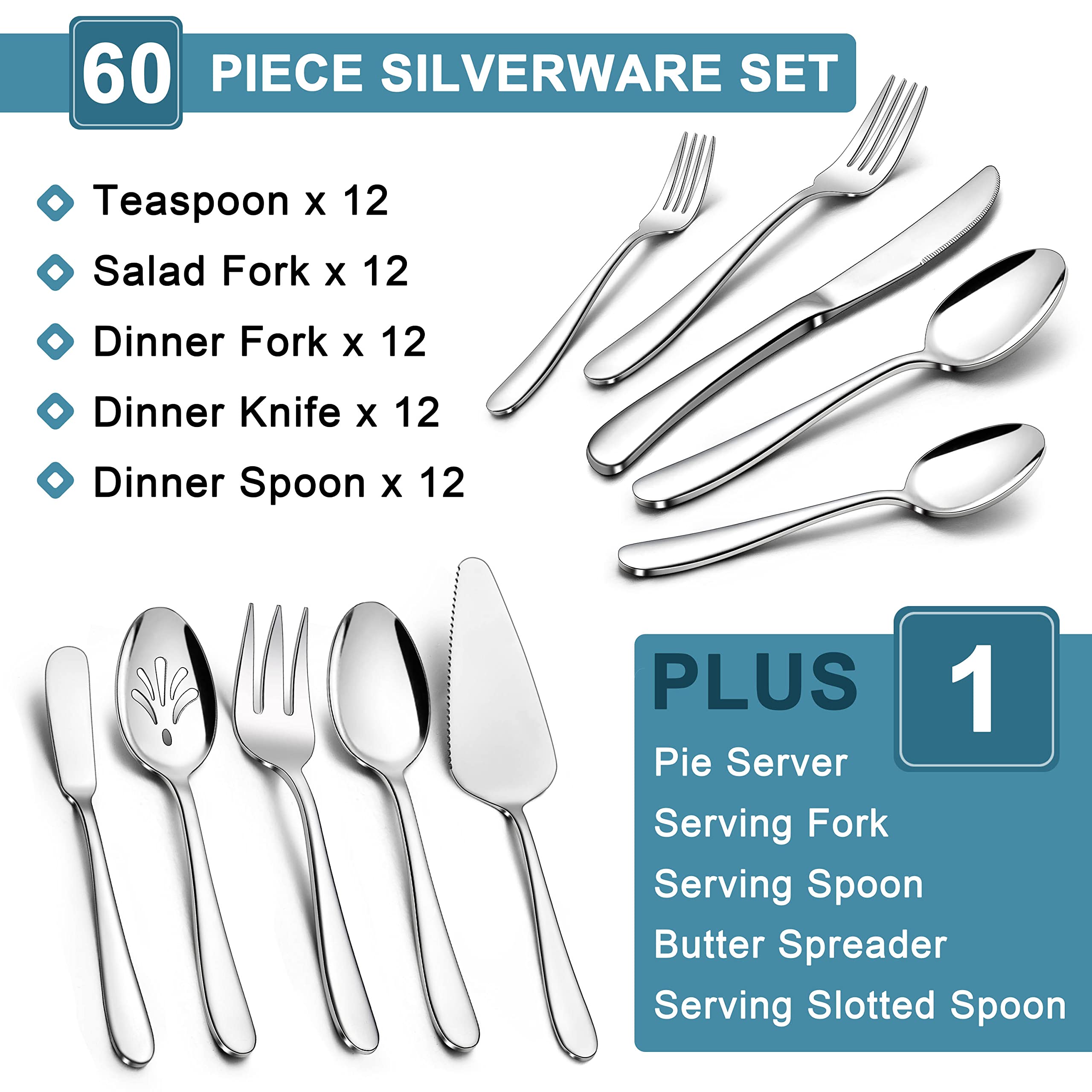 Premium 65-Piece Stainless Steel Flatware Set for 12 - Heavy Duty Silverware with Serving Utensils, Mirror Finish, Dishwasher Safe - Elegant Cutlery for Home, Wedding, Dinner Parties & Restaurant Use