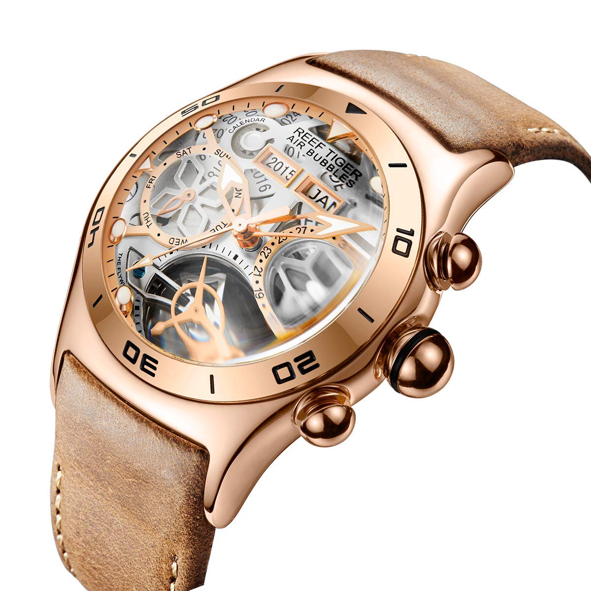 REEF TIGER Men's Luxury Sport Watch - Rose Gold Skeleton Automatic Tourbillon Chronograph Waterproof Watch for Business, Diving & Formal Occasions (Model RGA703-PWB)