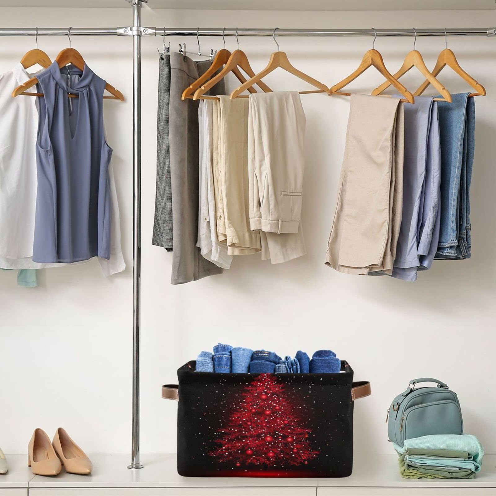 Joisal Red Christmas Tree Fabric Storage Bins 2-Pack - 14x10x8 Inch Large Closet Organizers with Handles - Perfect for Holiday Decor Storage, Shelving Organization & Bedroom Closet