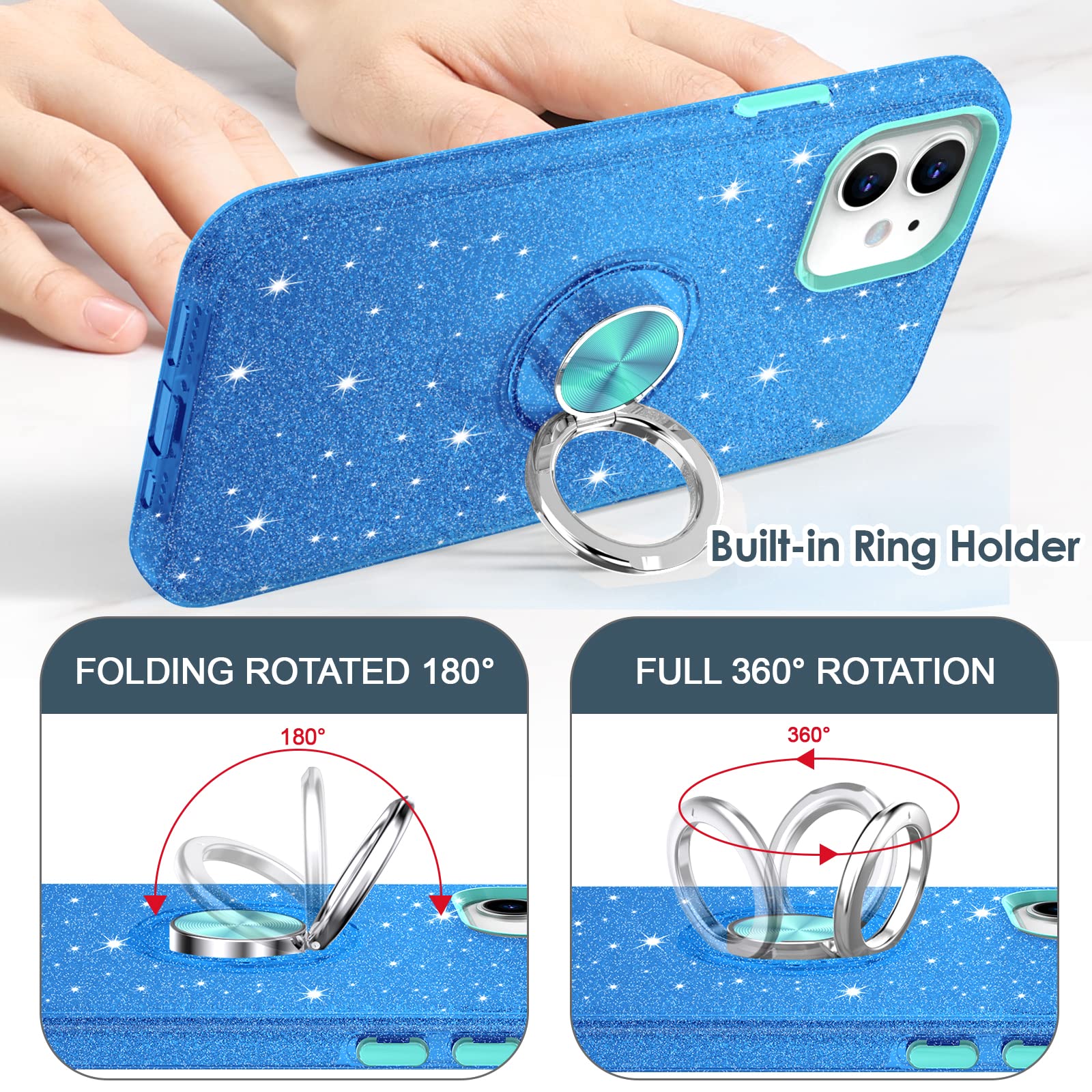 Hython iPhone 12/12 Pro Case with Magnetic Ring Stand - Sparkly Blue Protective Cover for Work & Travel